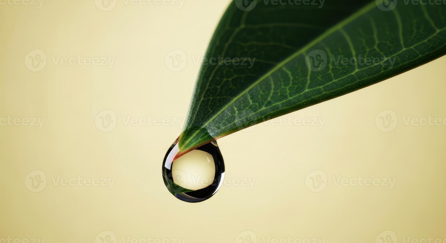 Close up of a vibrant green leaf with a perfectly spherical water drop on its tip photo