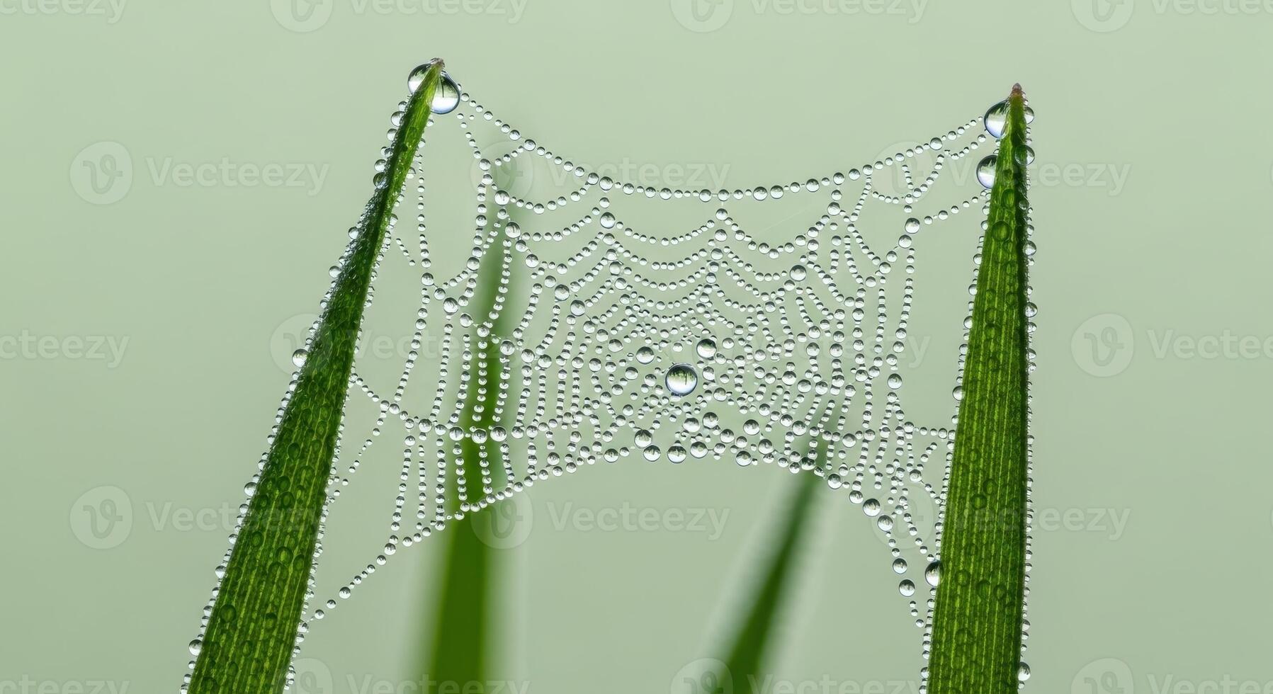 Delicate spiderweb with sparkling dew drops on green grass blades in morning light photo