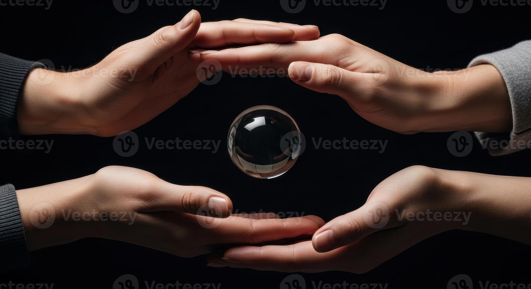 Hands surrounding a clear glass sphere floating in the air, symbolizing future and protection. photo