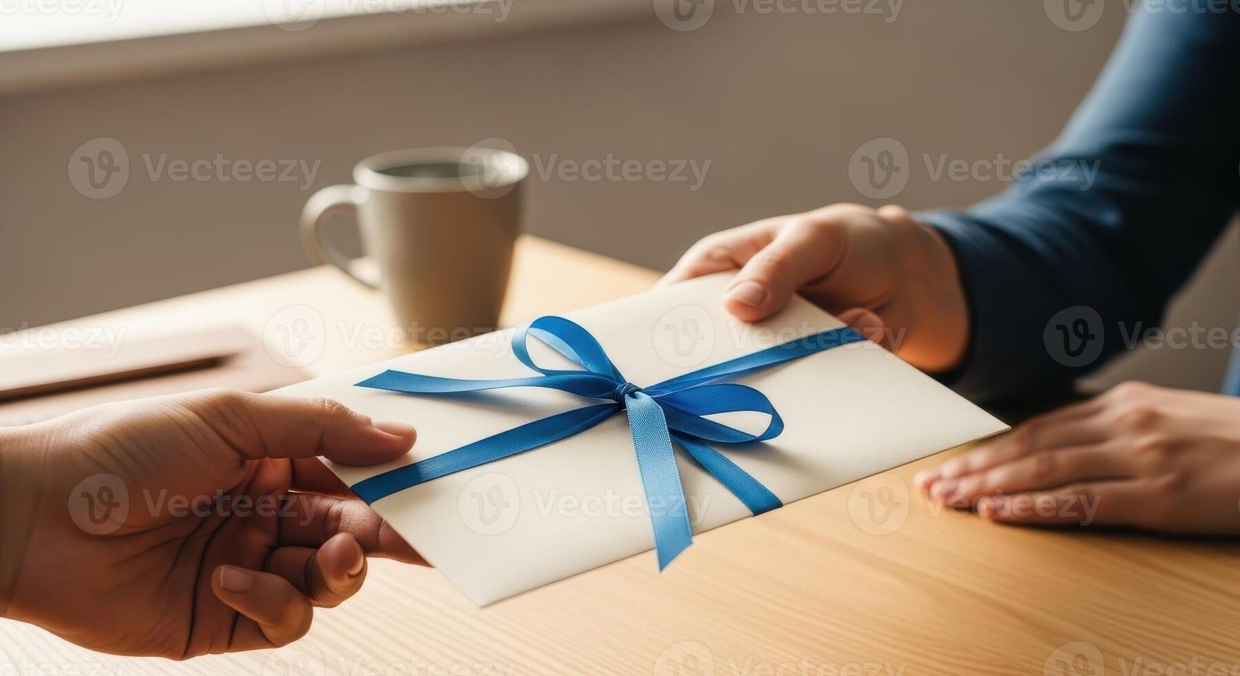 Hands exchanging a cream colored envelope tied with a blue ribbon on a wooden table. photo