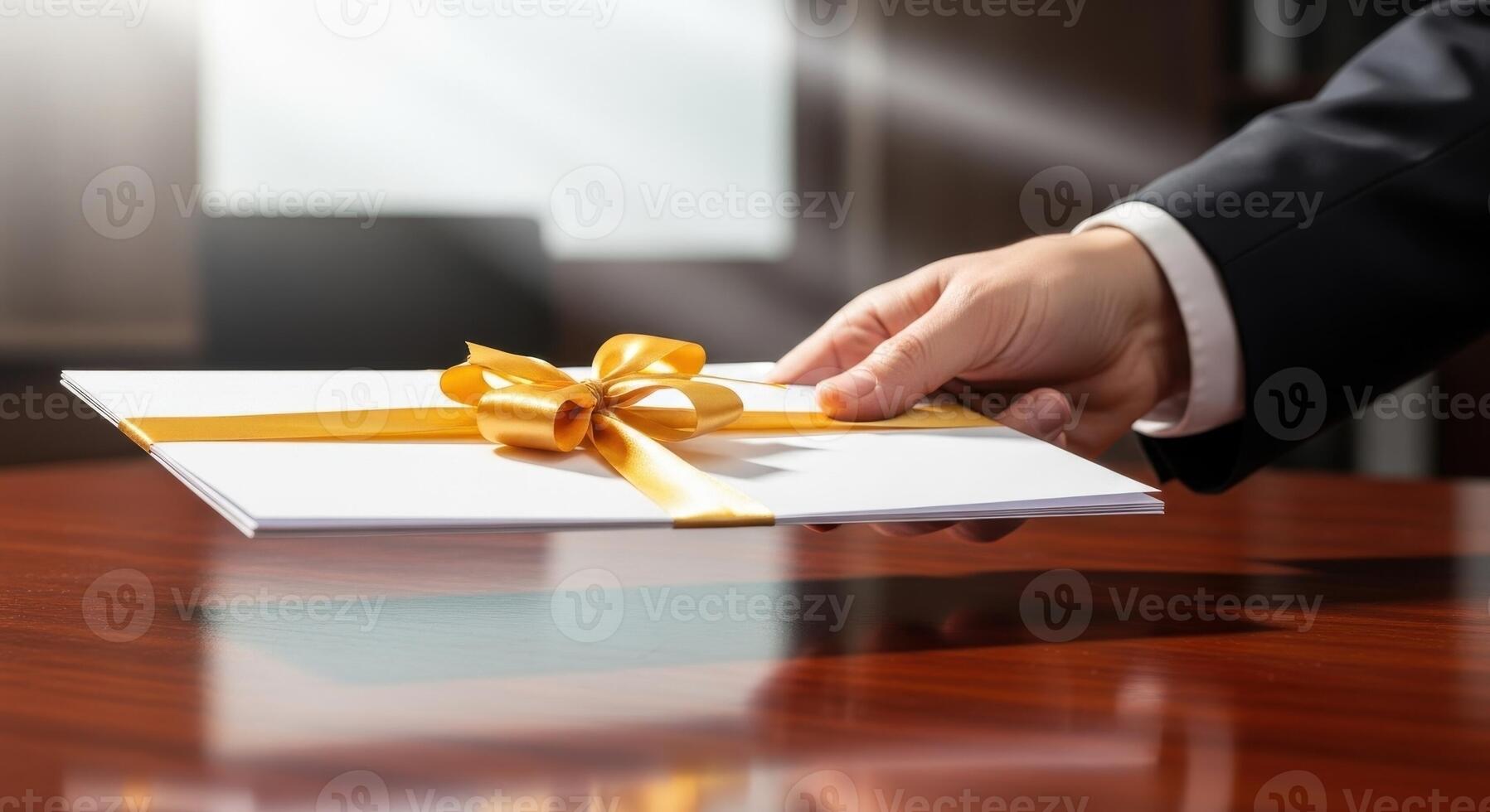 Hand of businessman receiving a formal document or award certificate with golden ribbon photo