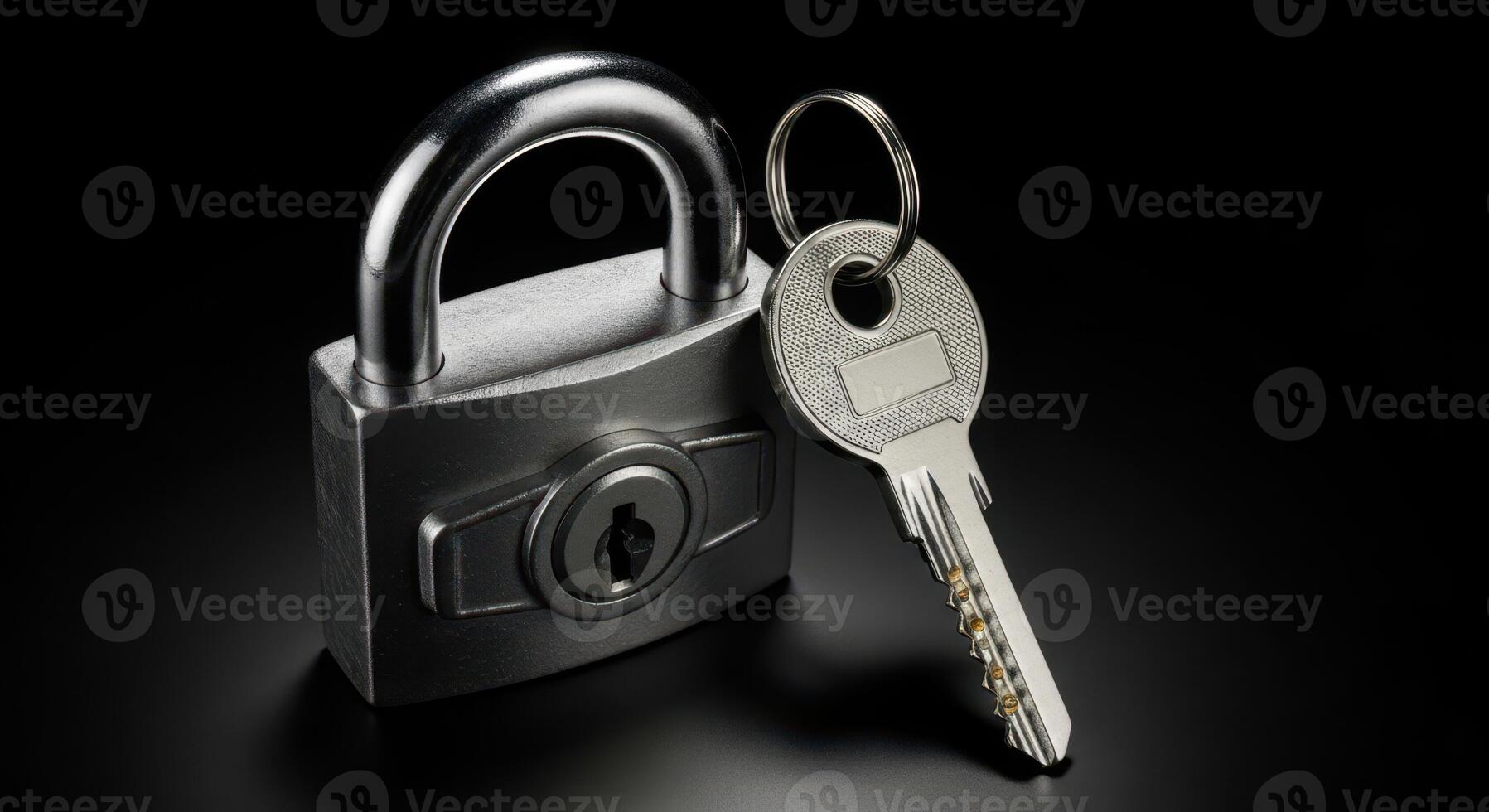 Silver metal padlock and key symbolizing security and access on a dark background photo