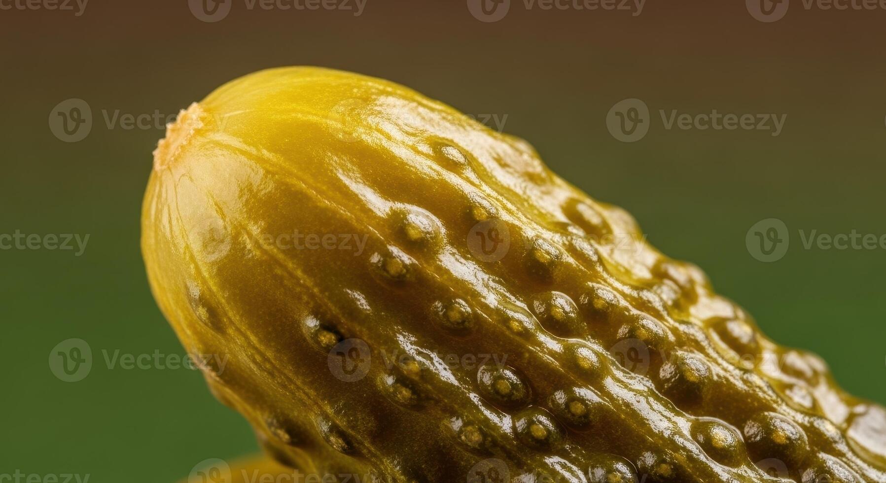 macro shot of a single dill pickle gherkin with detailed texture photo