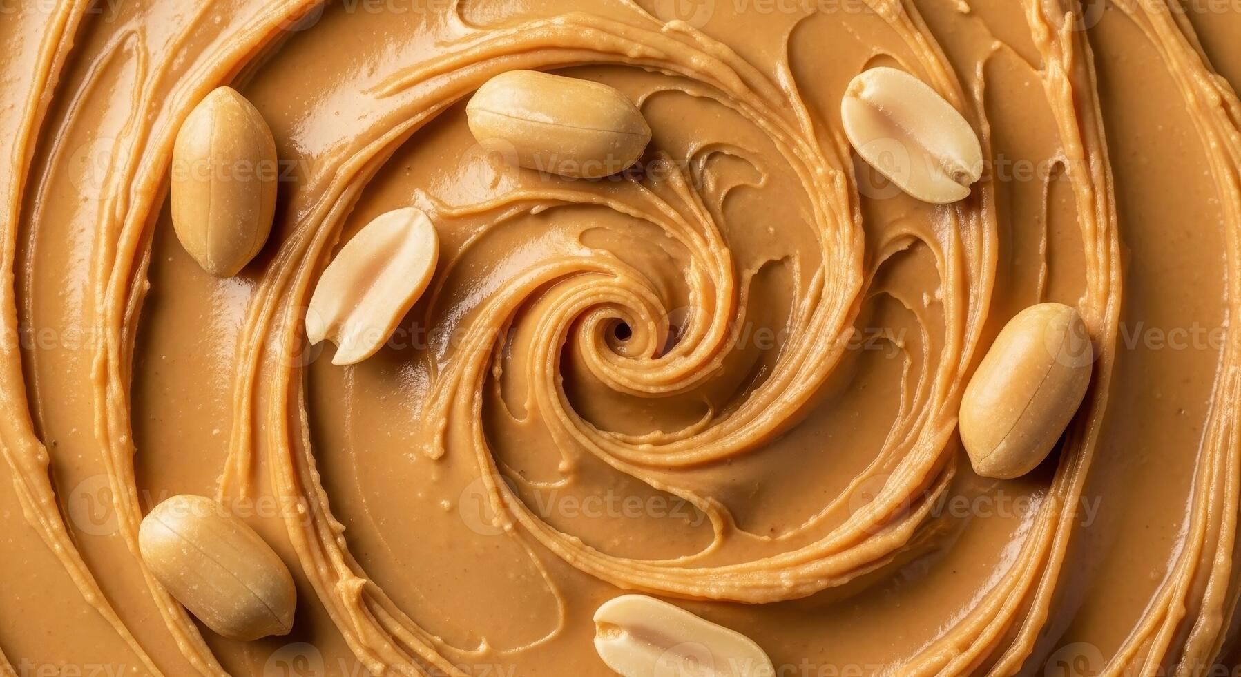 Close up top view of creamy peanut butter with a swirled texture and whole peanuts. photo