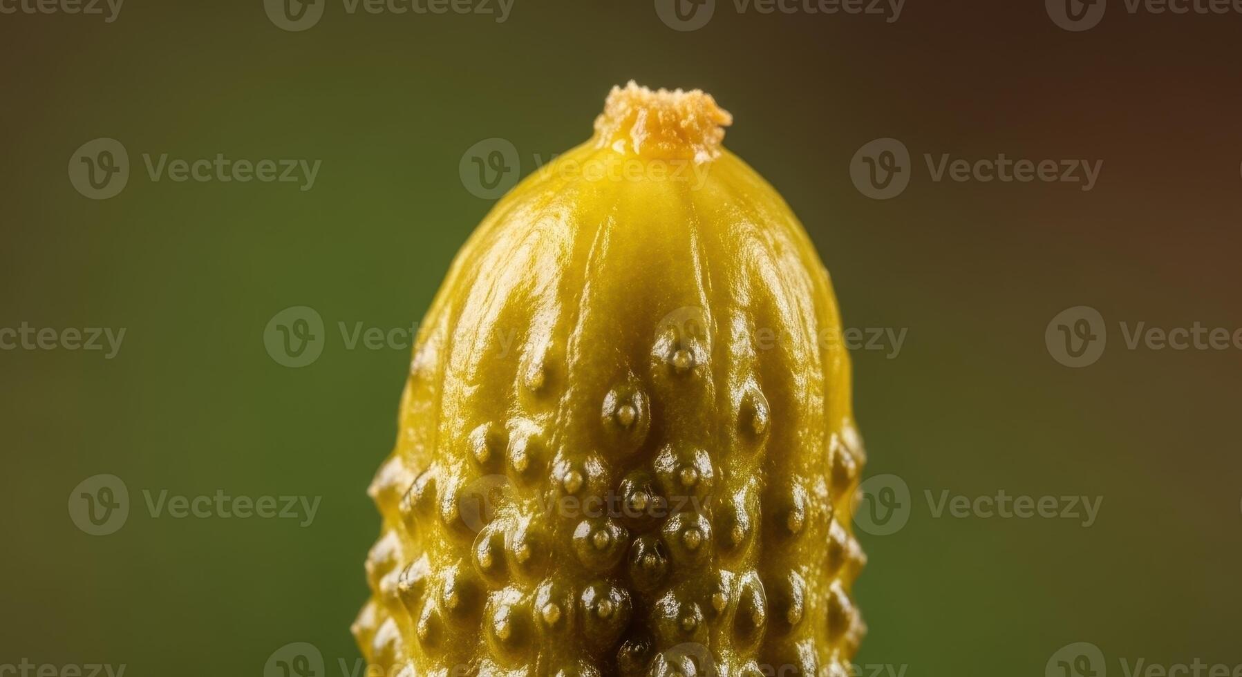 A close up macro professional photo of a single small dill pickle gherkin showing extreme detail