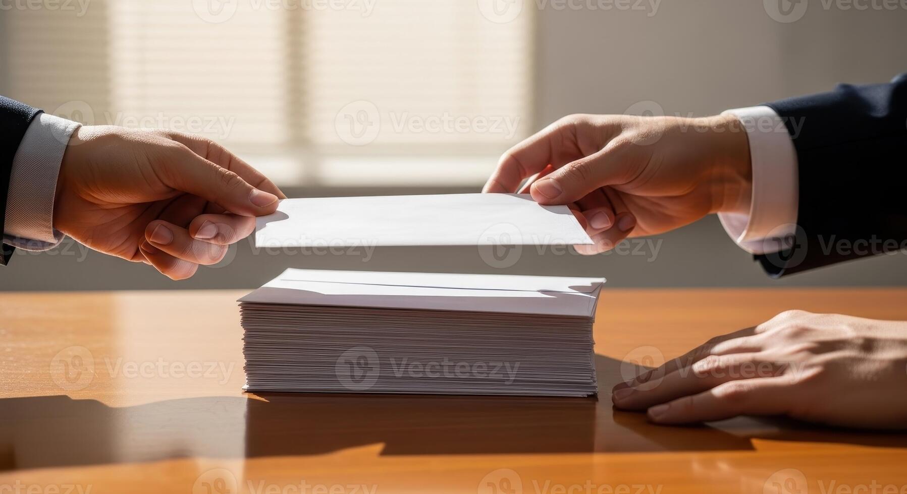 Businessman hand placing white envelope on stack of documents for business transaction photo