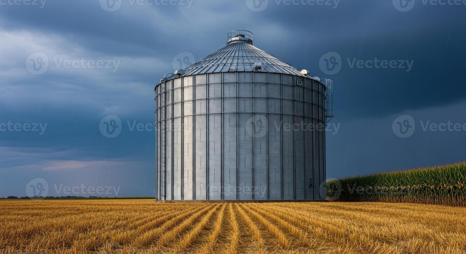 Large metal grain silo standing in a golden harvest field under a dramatic stormy sky photo