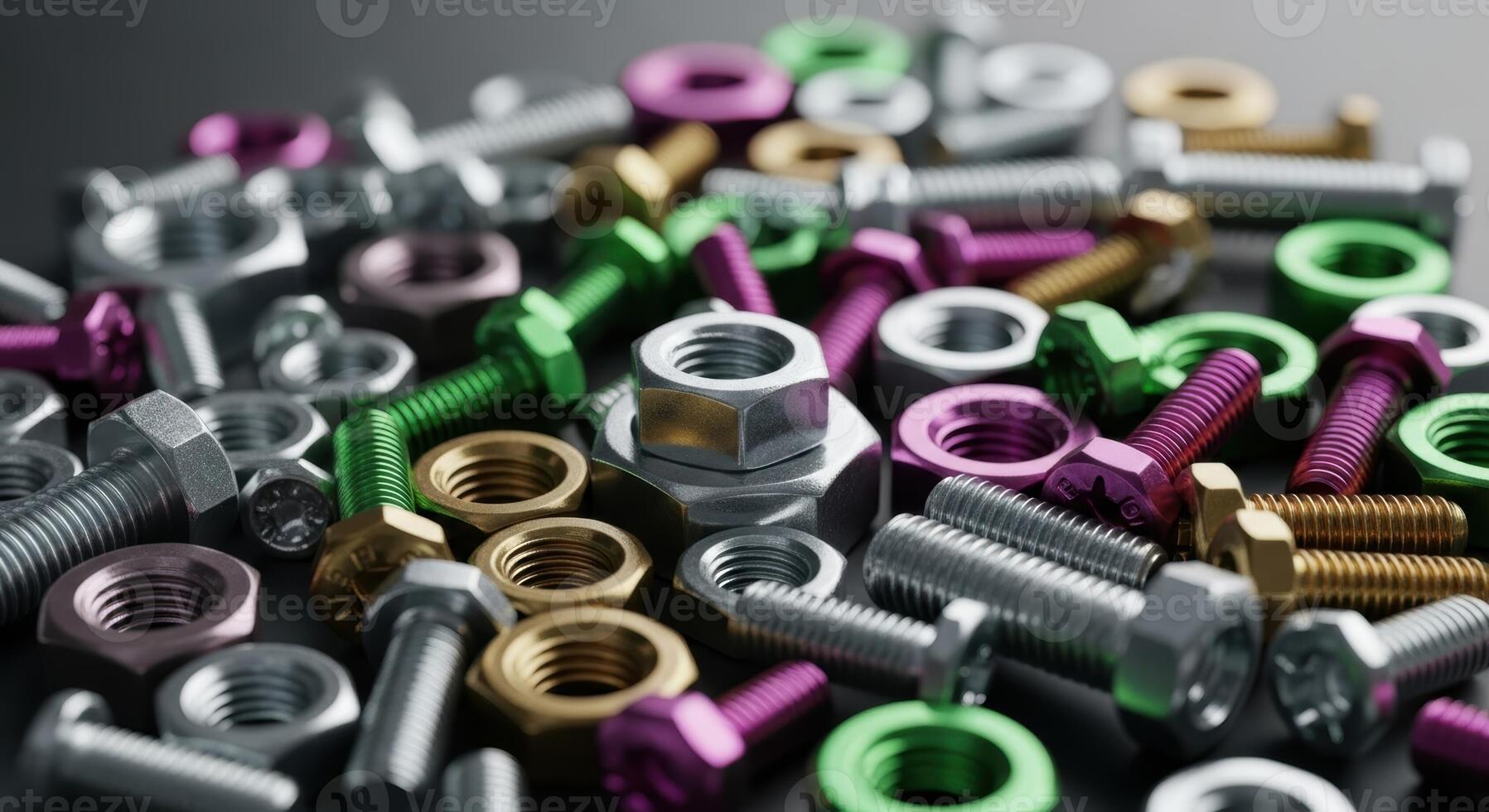 Close up of a colorful scattered pile of metallic nuts and bolts for industrial use. photo