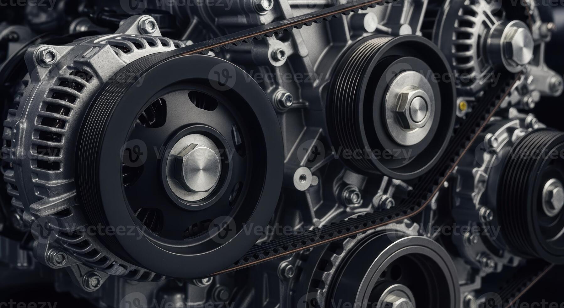 Close up of a modern car engine with drive belt, pulleys, and alternator for automotive power. photo