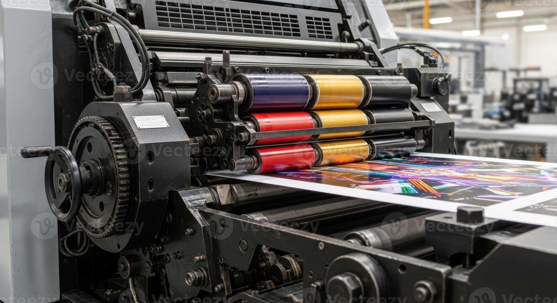 Industrial offset printing press in operation, producing colorful prints in a factory. photo