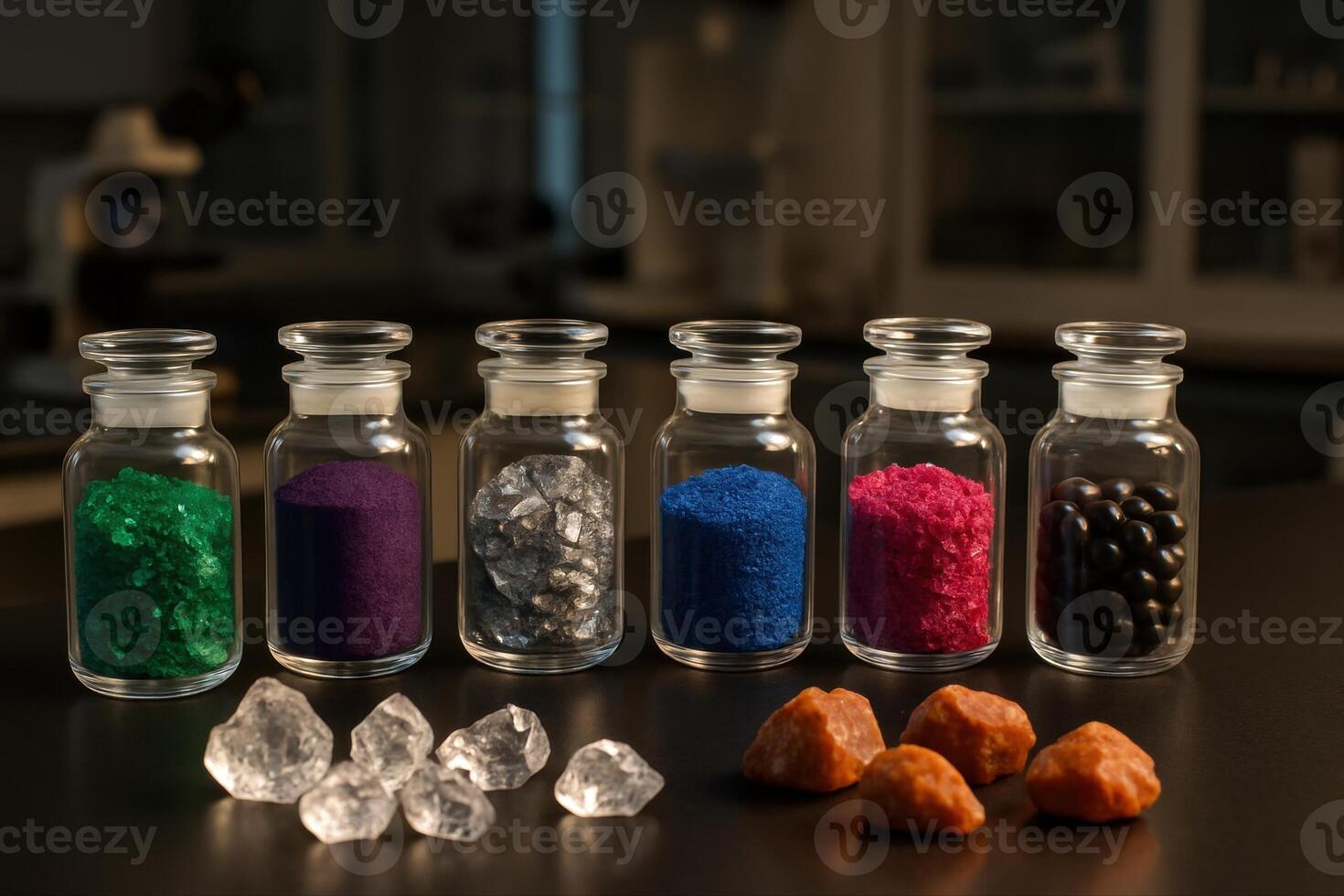 Clear glass jars with various colorful mineral and chemical samples in a laboratory setting. photo