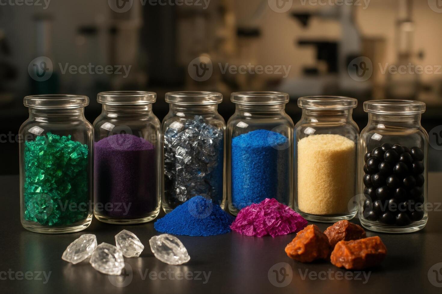 Colorful mineral samples and chemical substances in glass jars displayed in a science laboratory photo