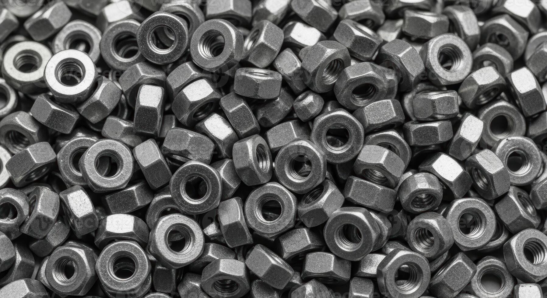 Close up top view of a large pile of numerous small hexagonal metal nuts photo