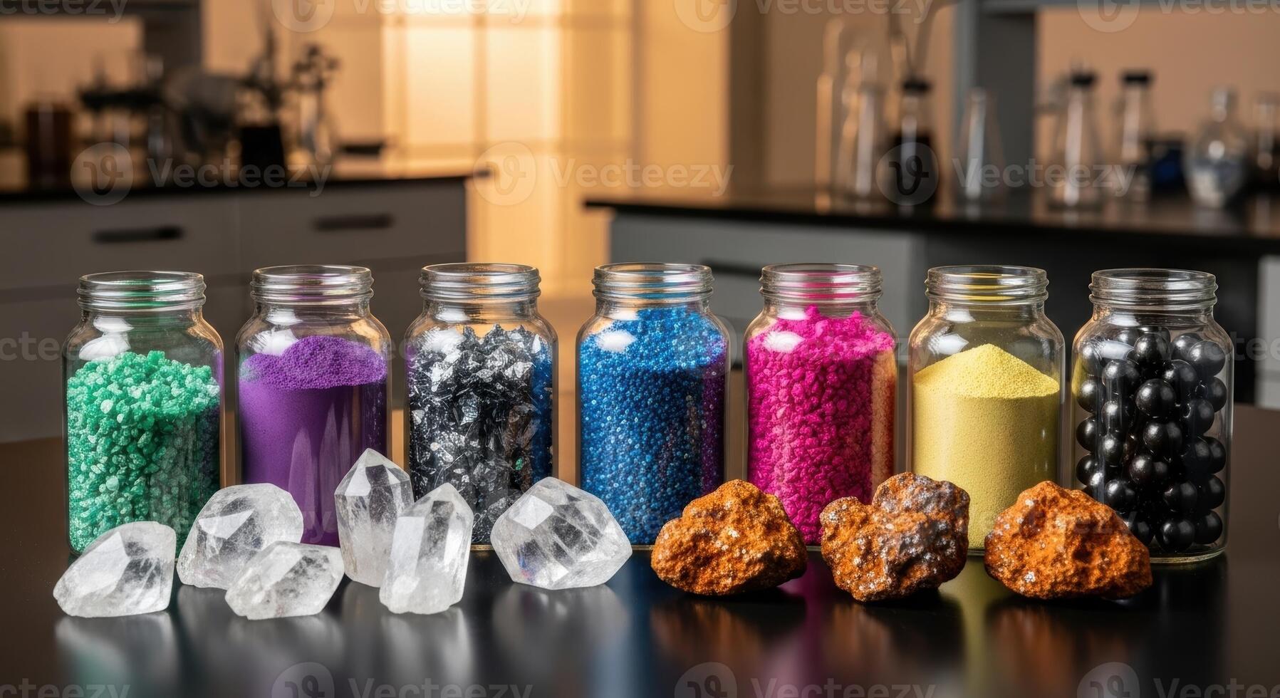 Colorful mineral samples, clear crystals, and rough rocks in a science laboratory photo