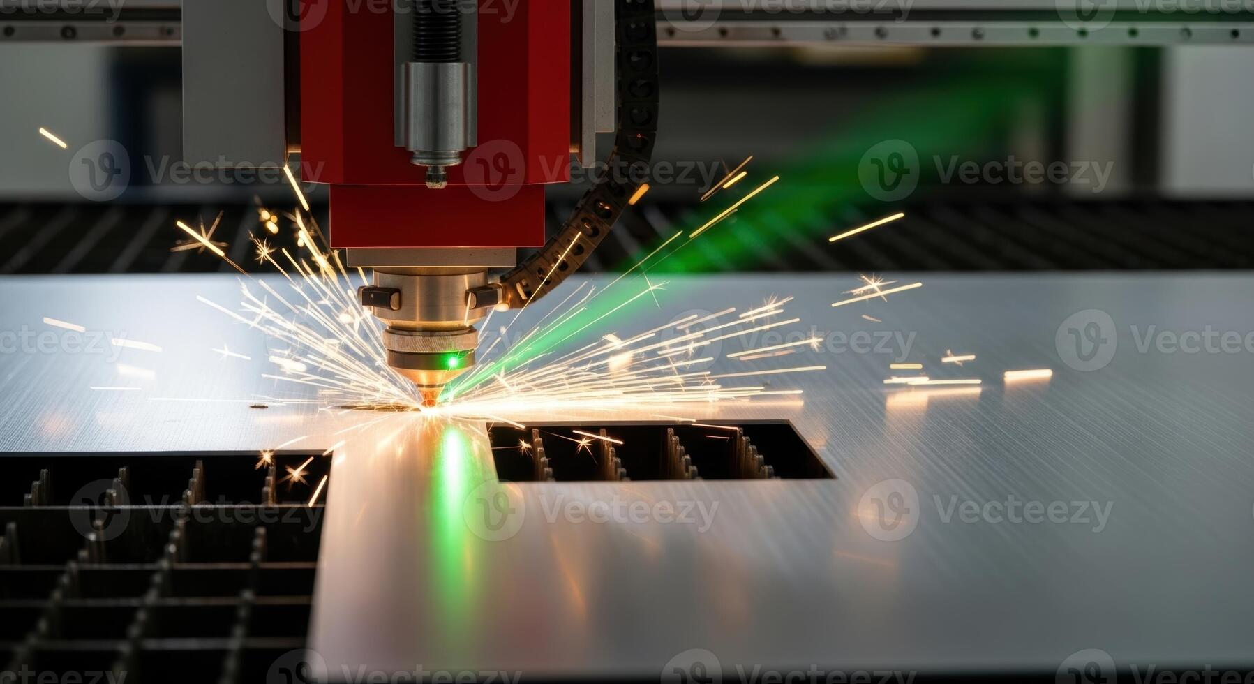 Laser cnc machine cutting metal sheet with bright sparks and green beam photo