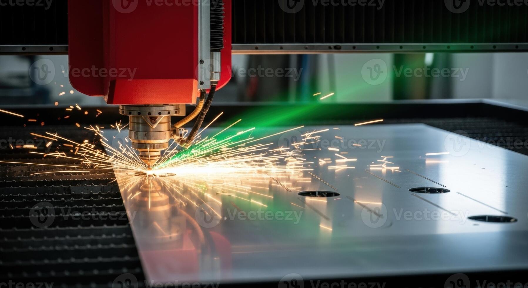 Red laser cnc cutting machine precisely cutting a metal sheet with sparks in a factory photo