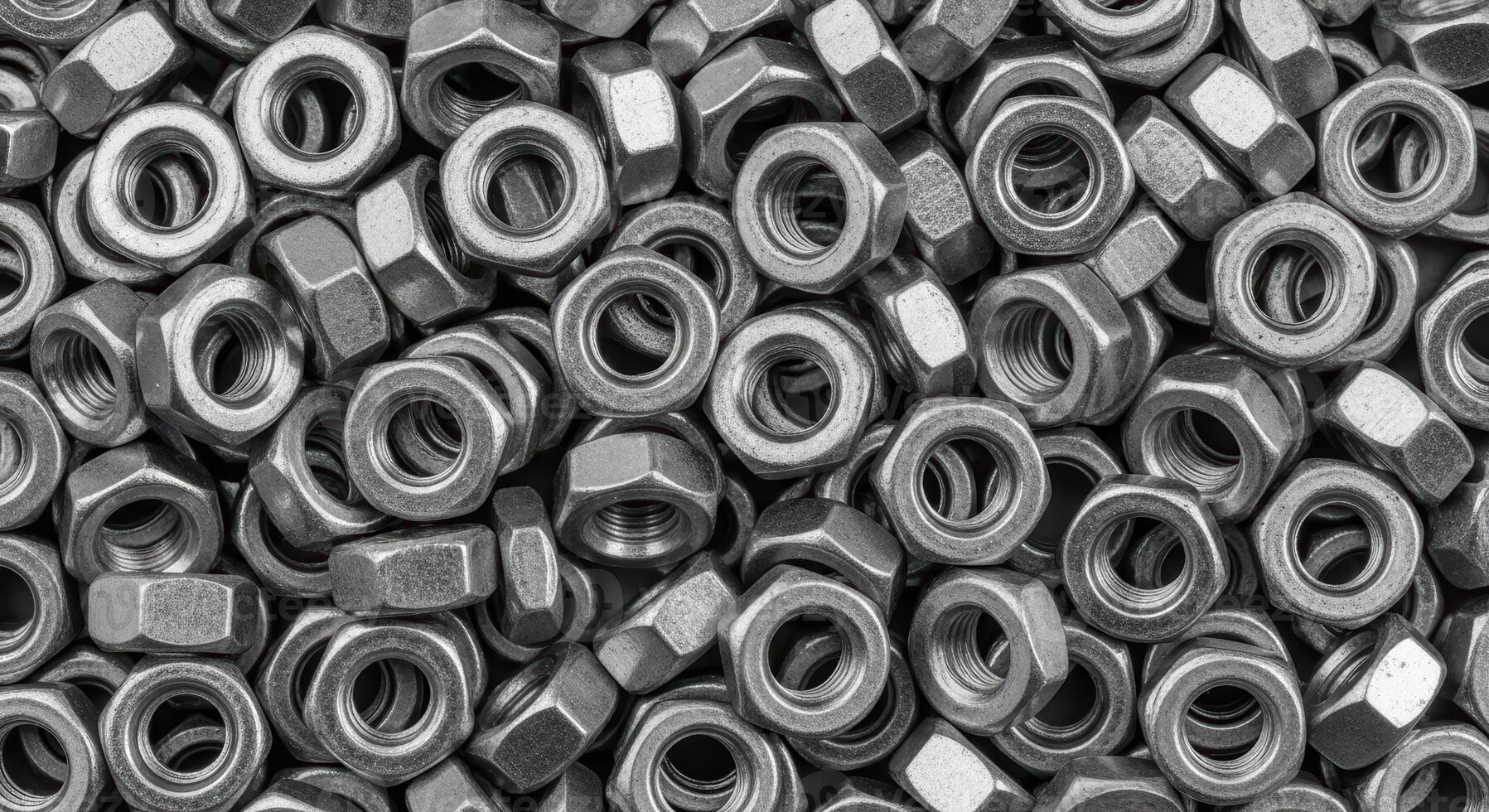 Close up top down view of a dense pile of numerous small hexagonal matte silver metal nuts photo