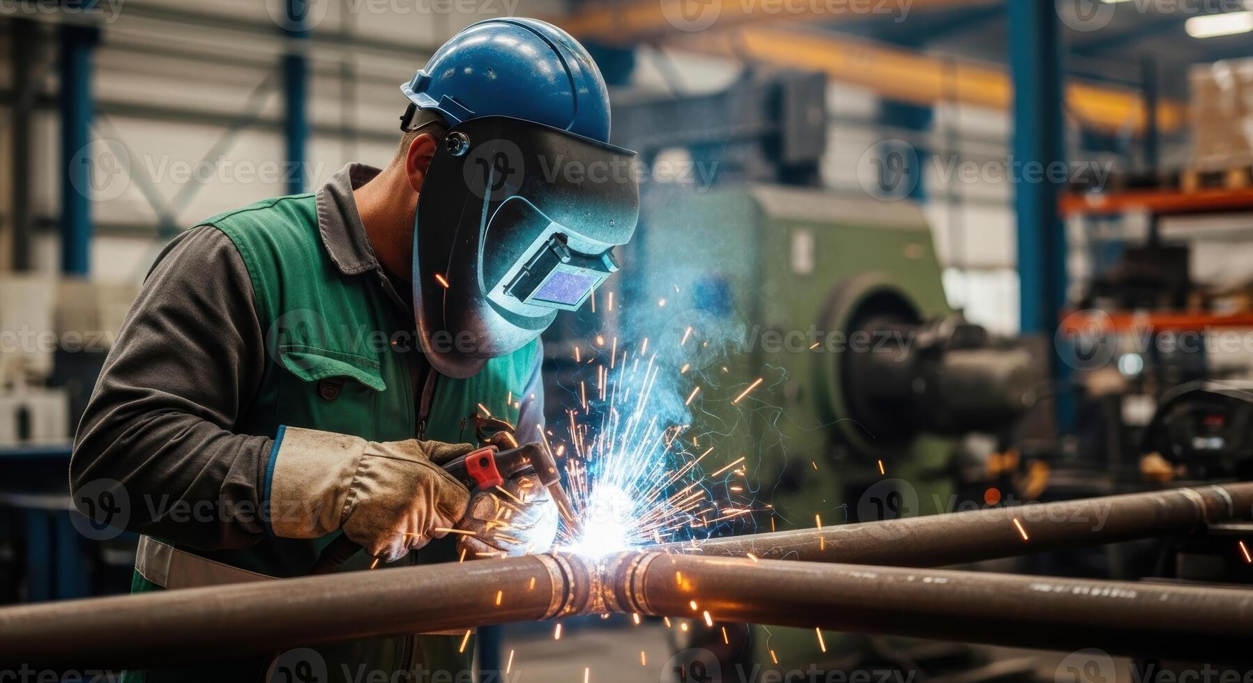Skilled male welder wearing safety mask and hard hat performs welding work on metal pipes in a factory. photo