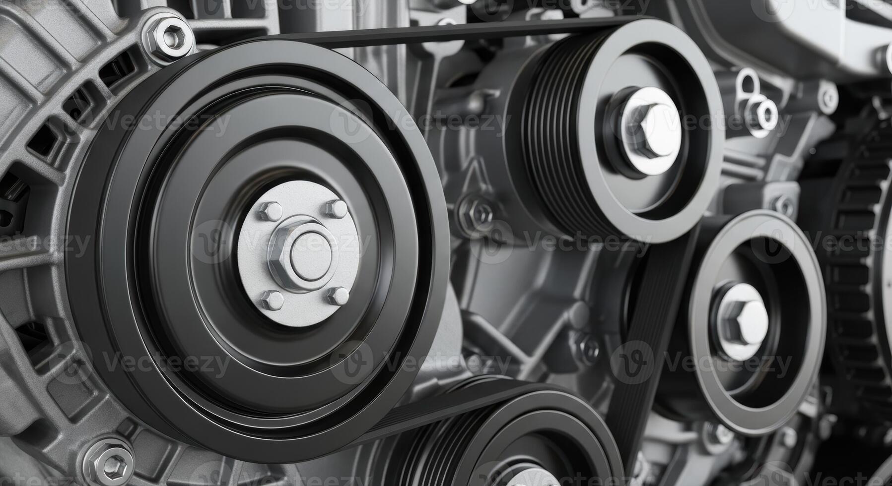 Close up of a car engine drive belt and pulley system highlighting automotive mechanics photo