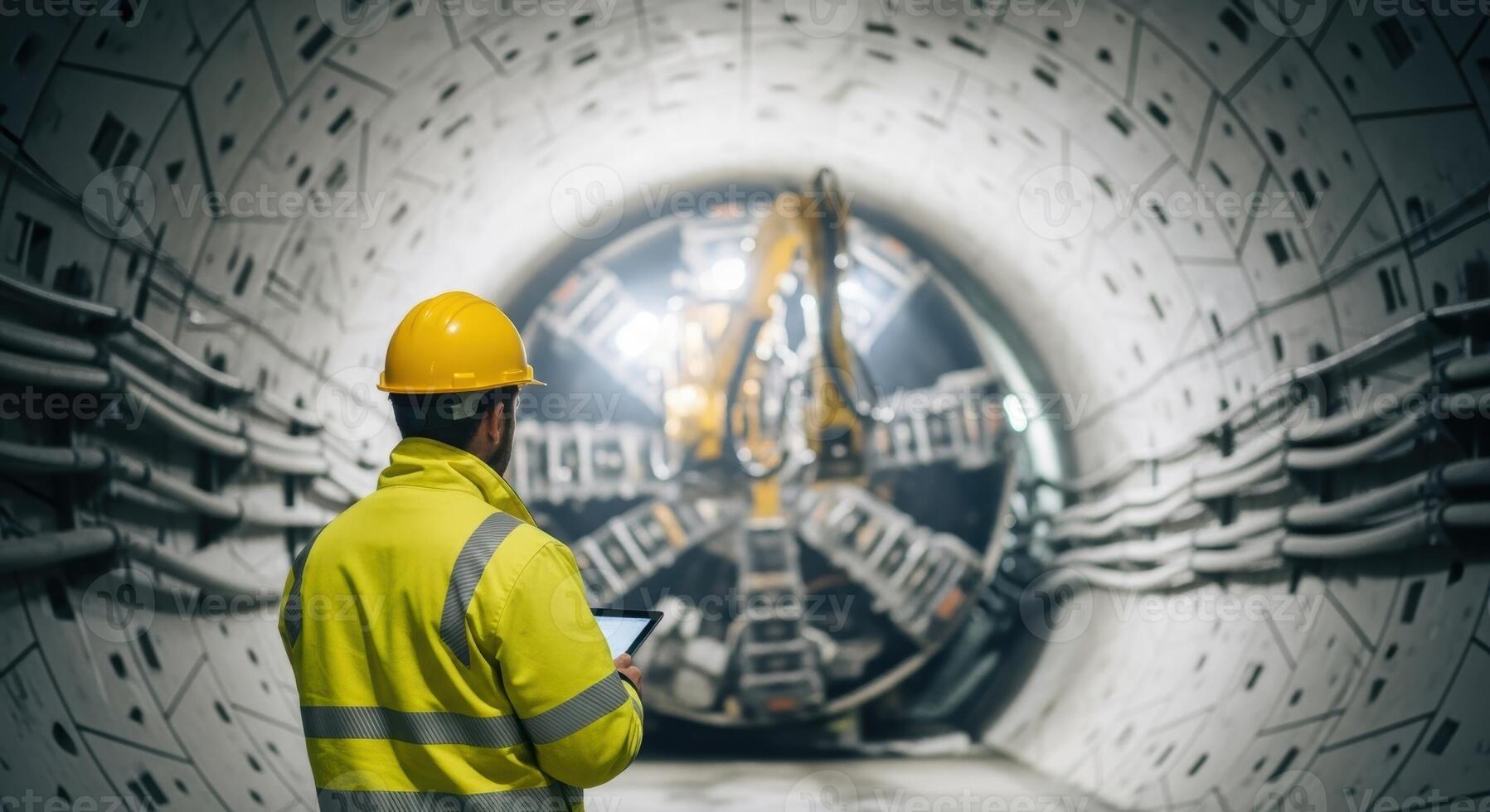 Engineer overseeing tunnel boring machine in modern underground construction photo