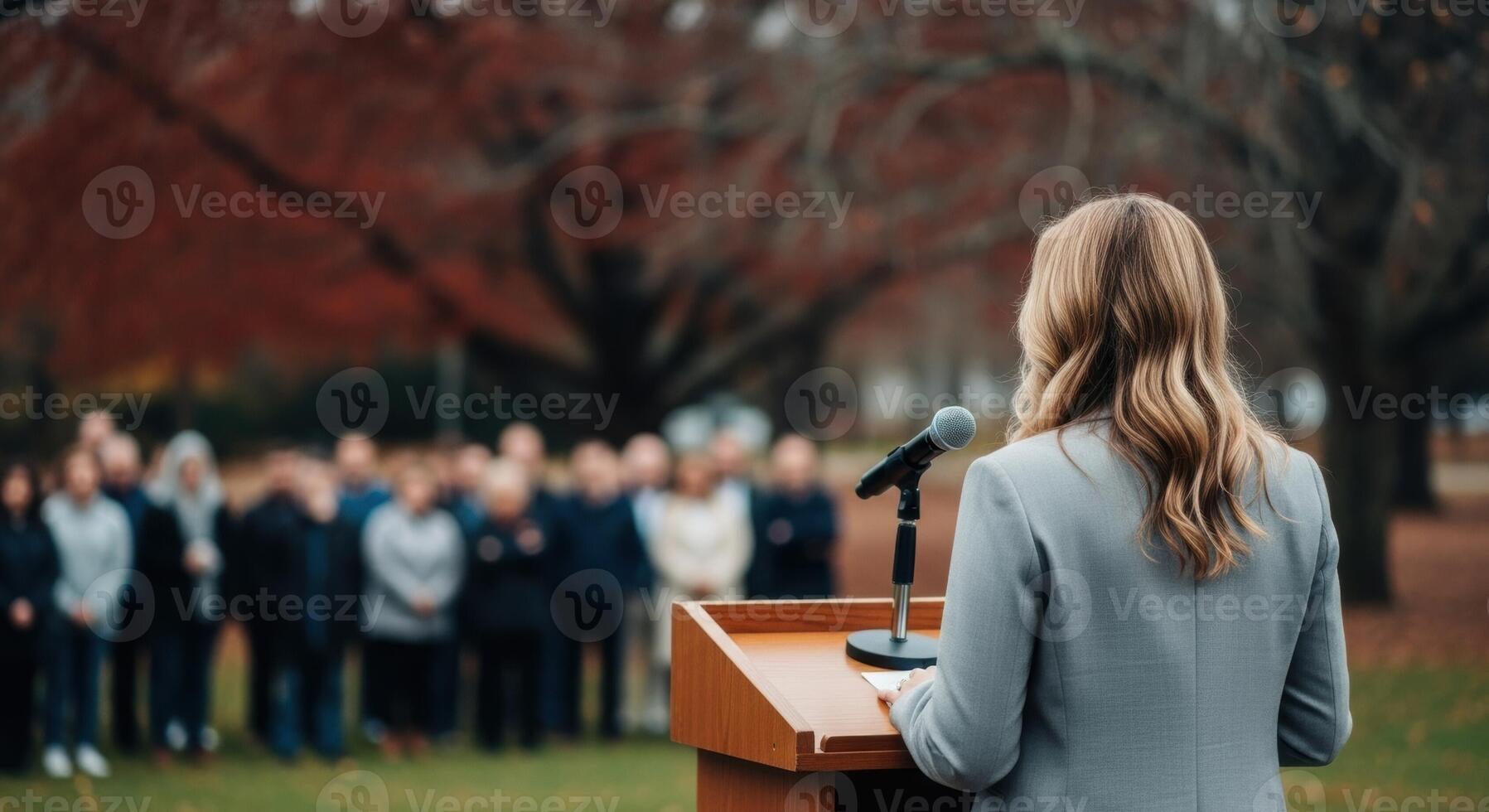 Woman giving a public speech from a podium to an audience outdoors in autumn photo