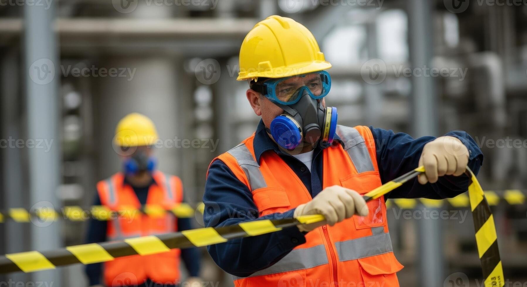 A male industrial worker in full safety gear holding caution tape at a plant. photo