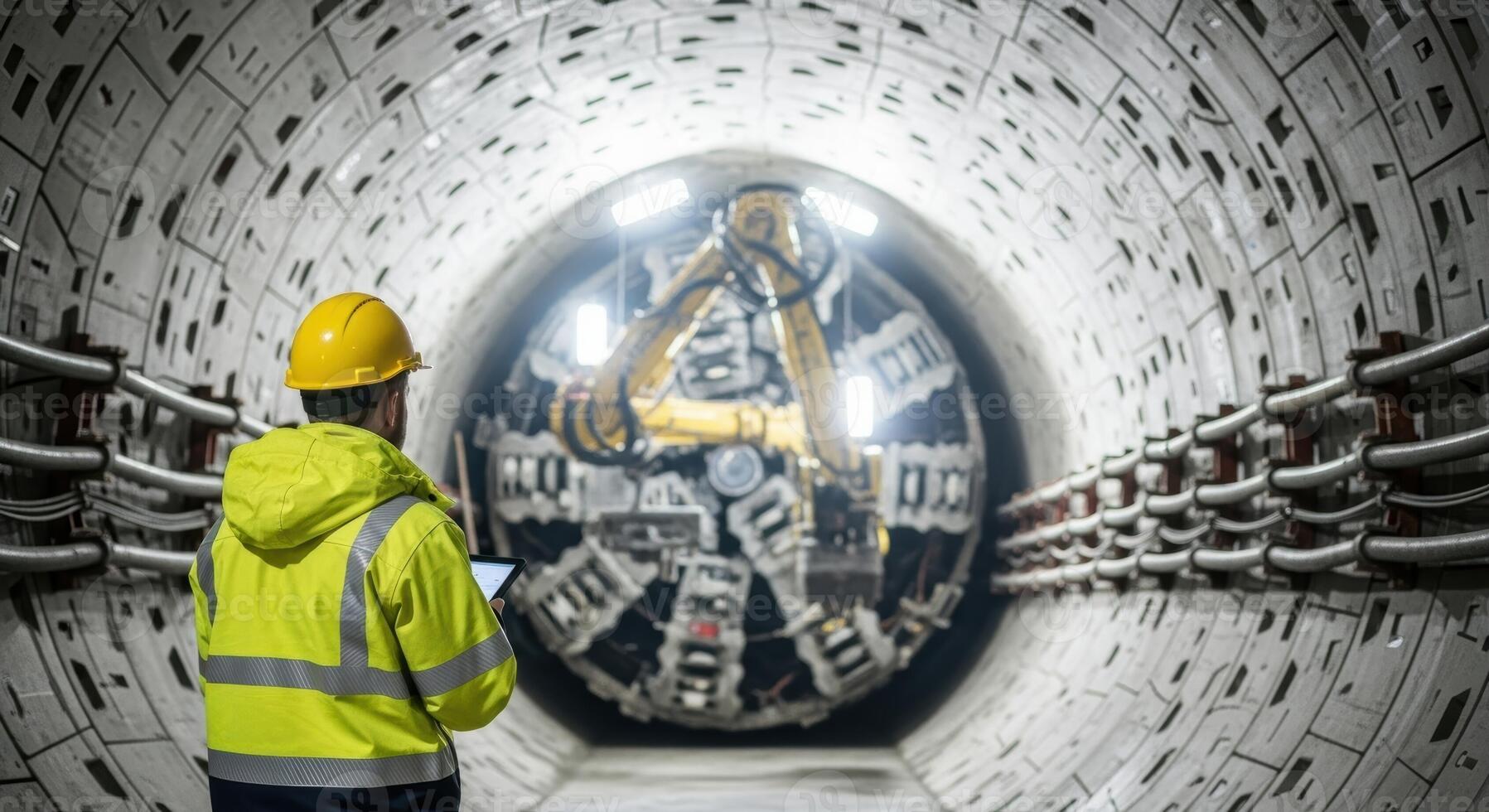 Engineer with tablet in a large tunnel looking at a tunnel boring machine photo
