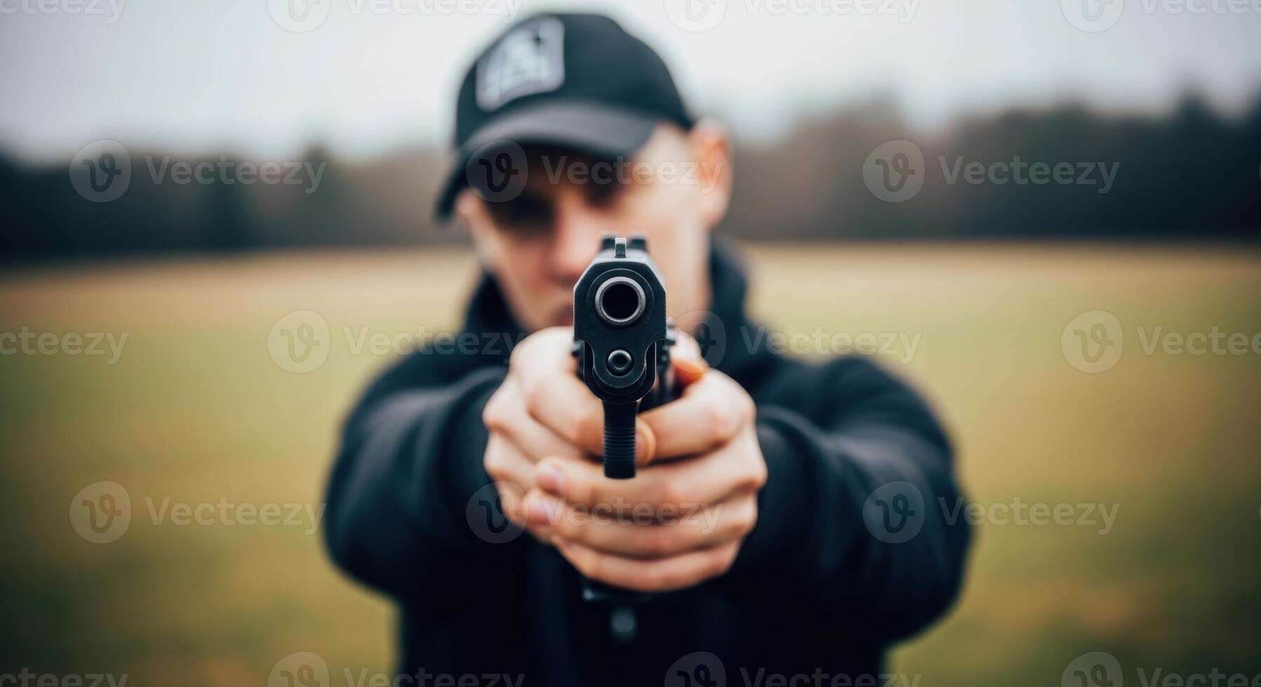 Man in a black hoodie and cap aiming a handgun directly at the viewer. photo