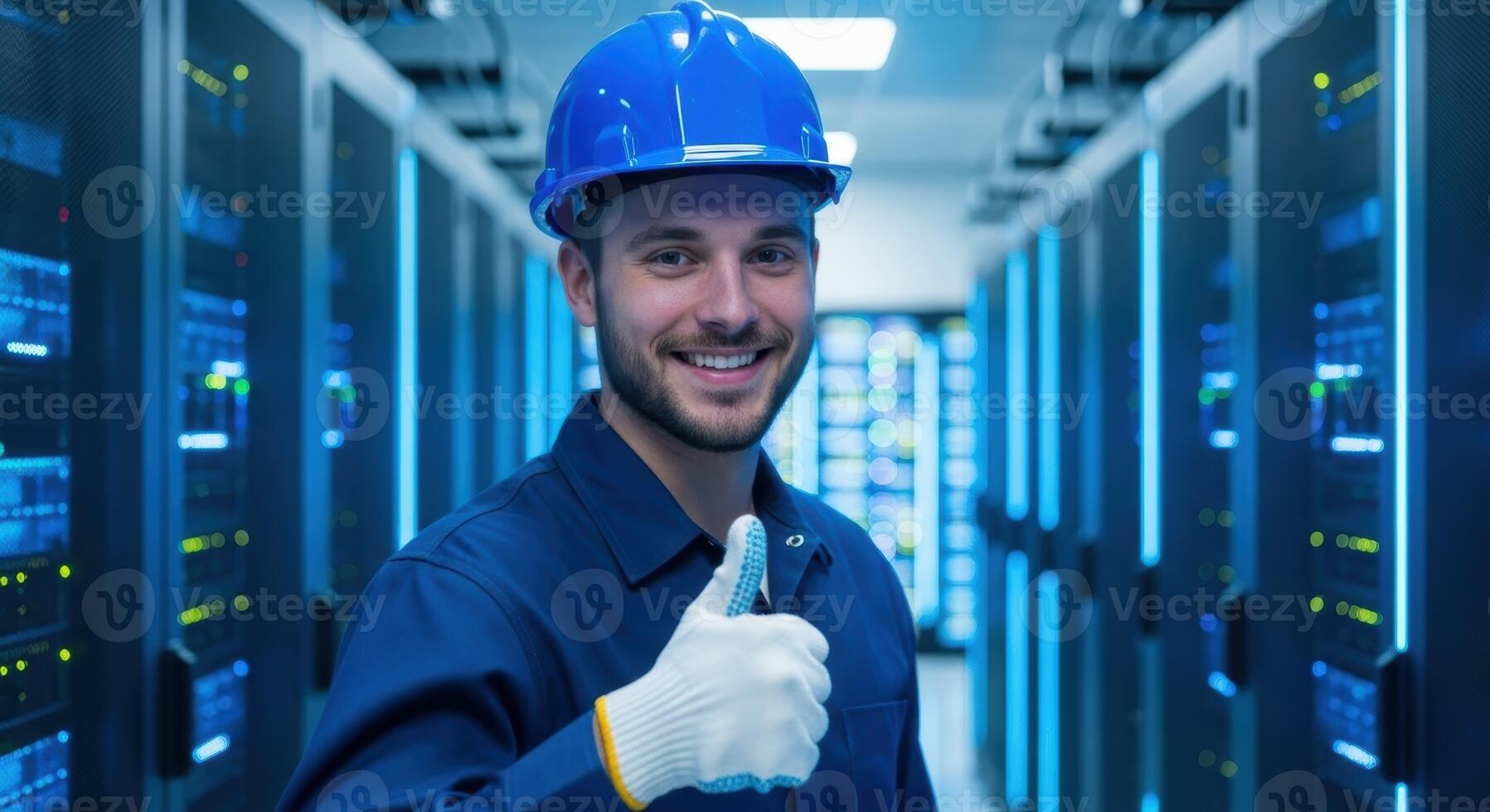 Smiling male data center technician in hard hat gives thumbs up in server room. photo