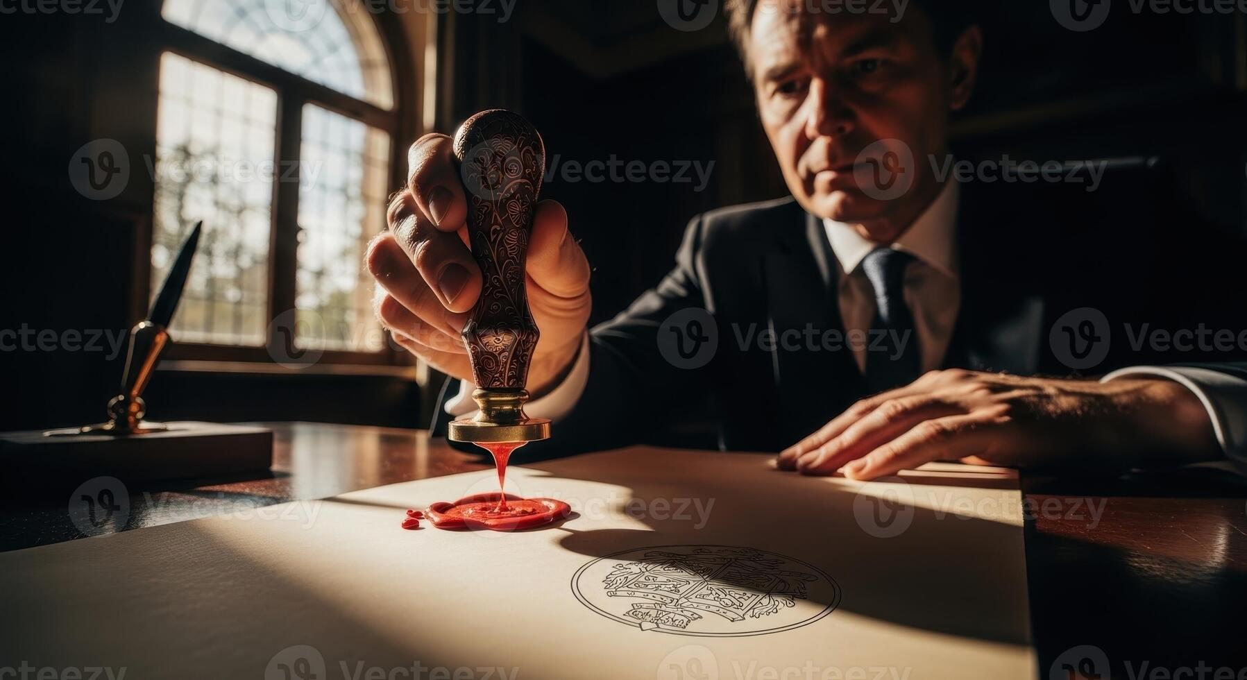 Man in a formal suit authenticates an important official document with a traditional red wax seal. photo