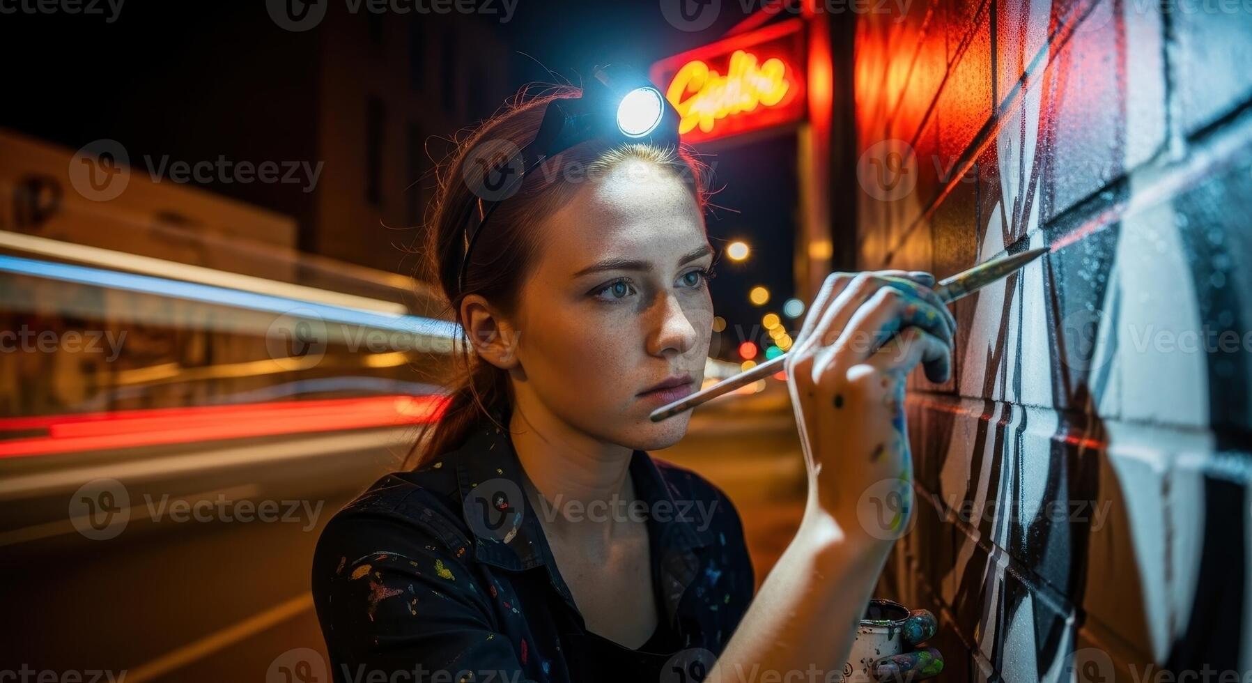Young woman artist painting a street art mural on a brick wall at night photo