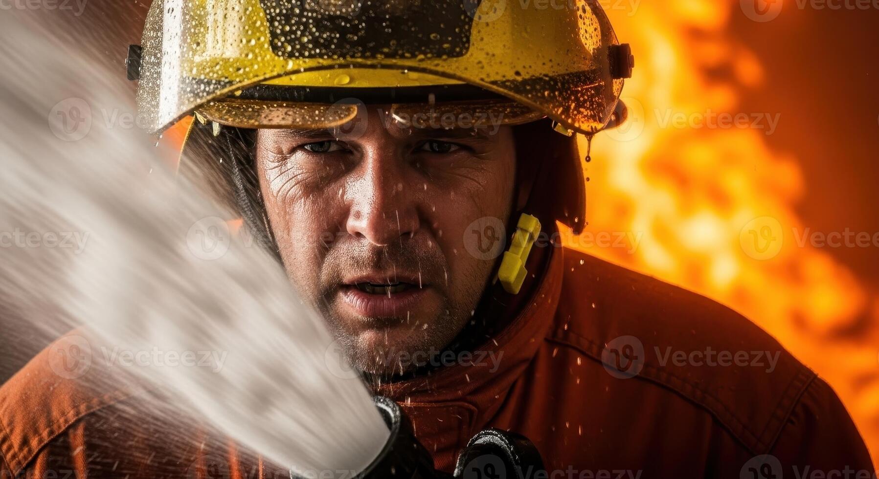 Brave male firefighter in uniform spraying water from a hose battling a large fire photo