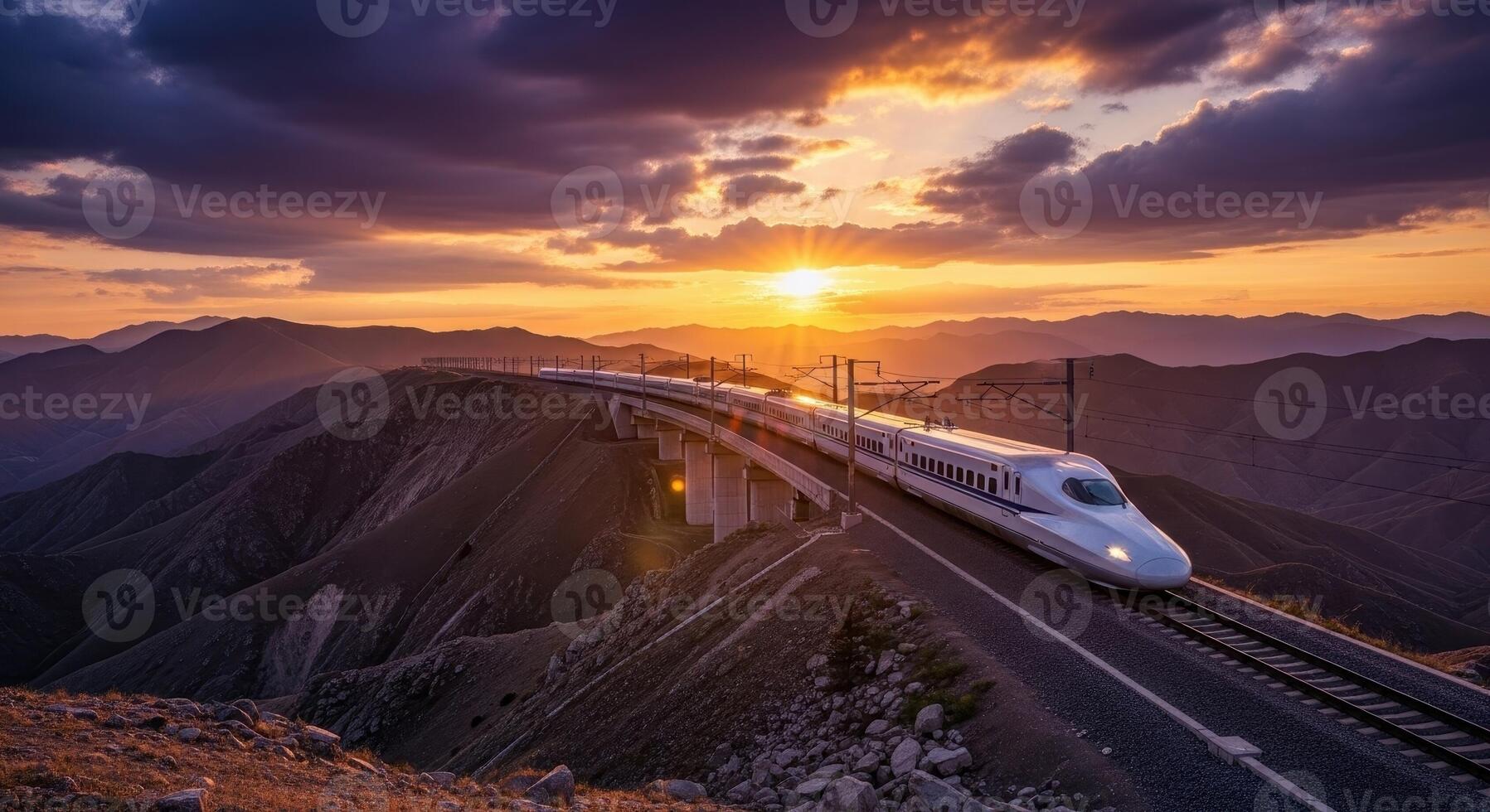 High speed bullet train on a viaduct in a mountainous landscape at dramatic sunset photo