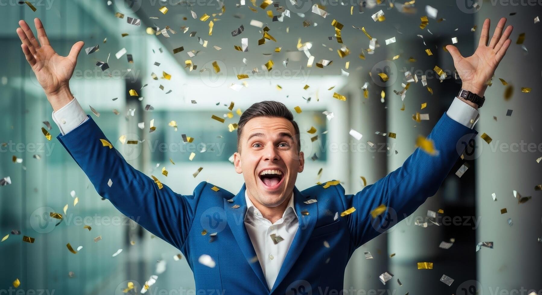 Happy businessman celebrating success with arms raised under falling confetti photo