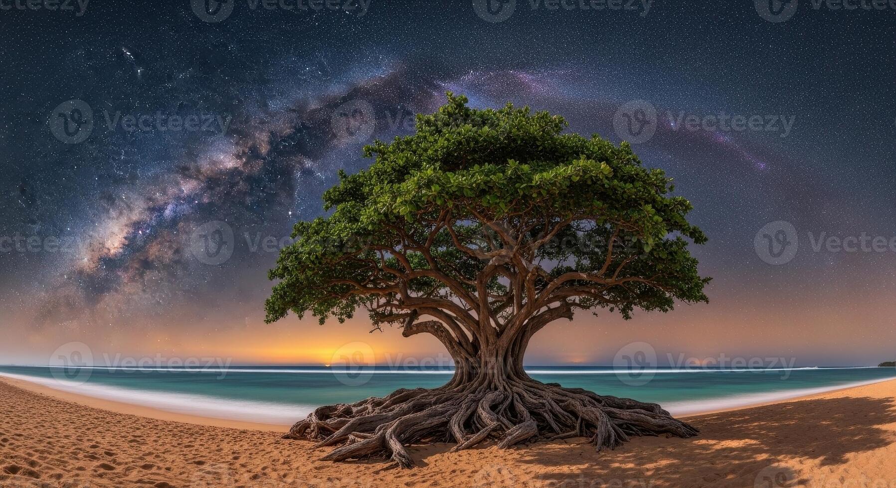 Majestic tree with exposed roots on a sandy beach under a stunning milky way night sky photo