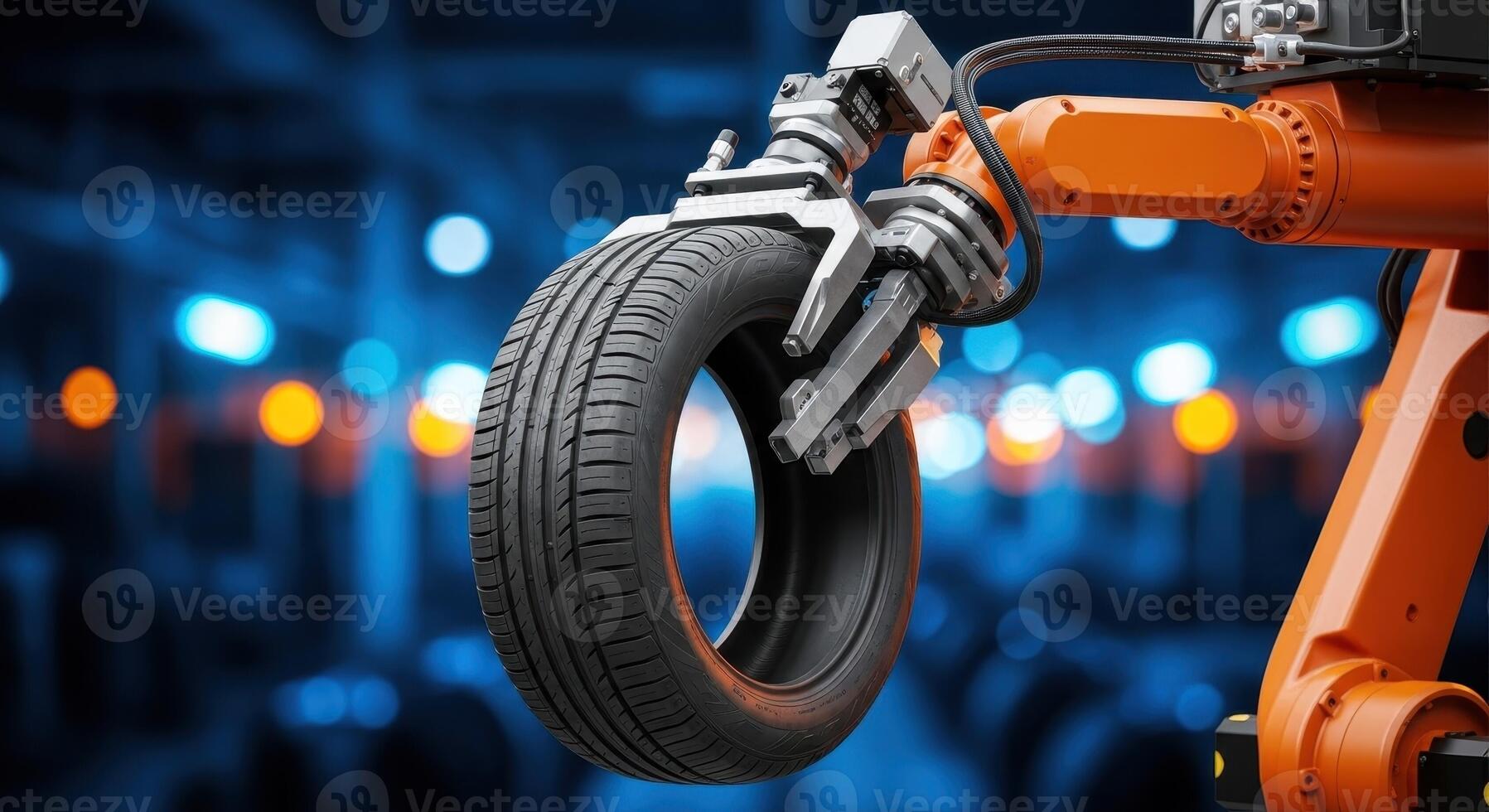 Robotic arm holding a car tire in an automated industrial manufacturing facility photo