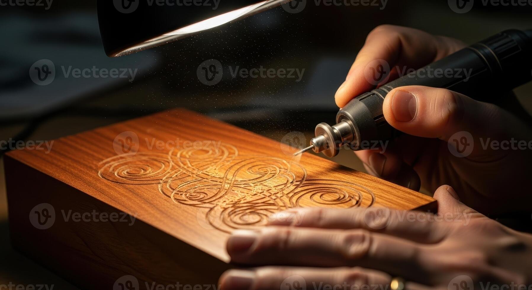 Artisan hands meticulously engrave an intricate pattern onto a wooden box with a rotary tool. photo
