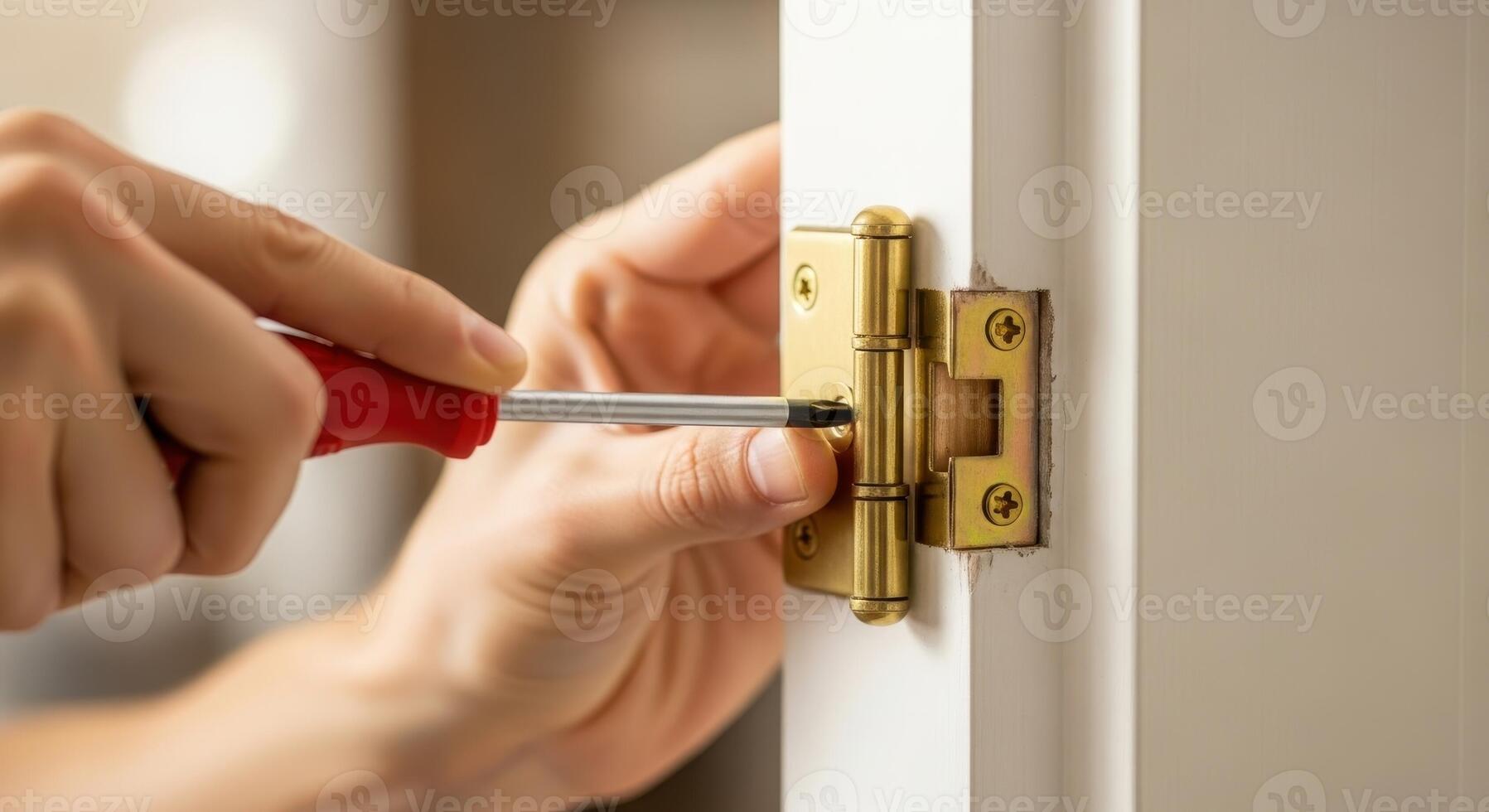Hands using a screwdriver to tighten a golden door hinge on a white door frame. photo