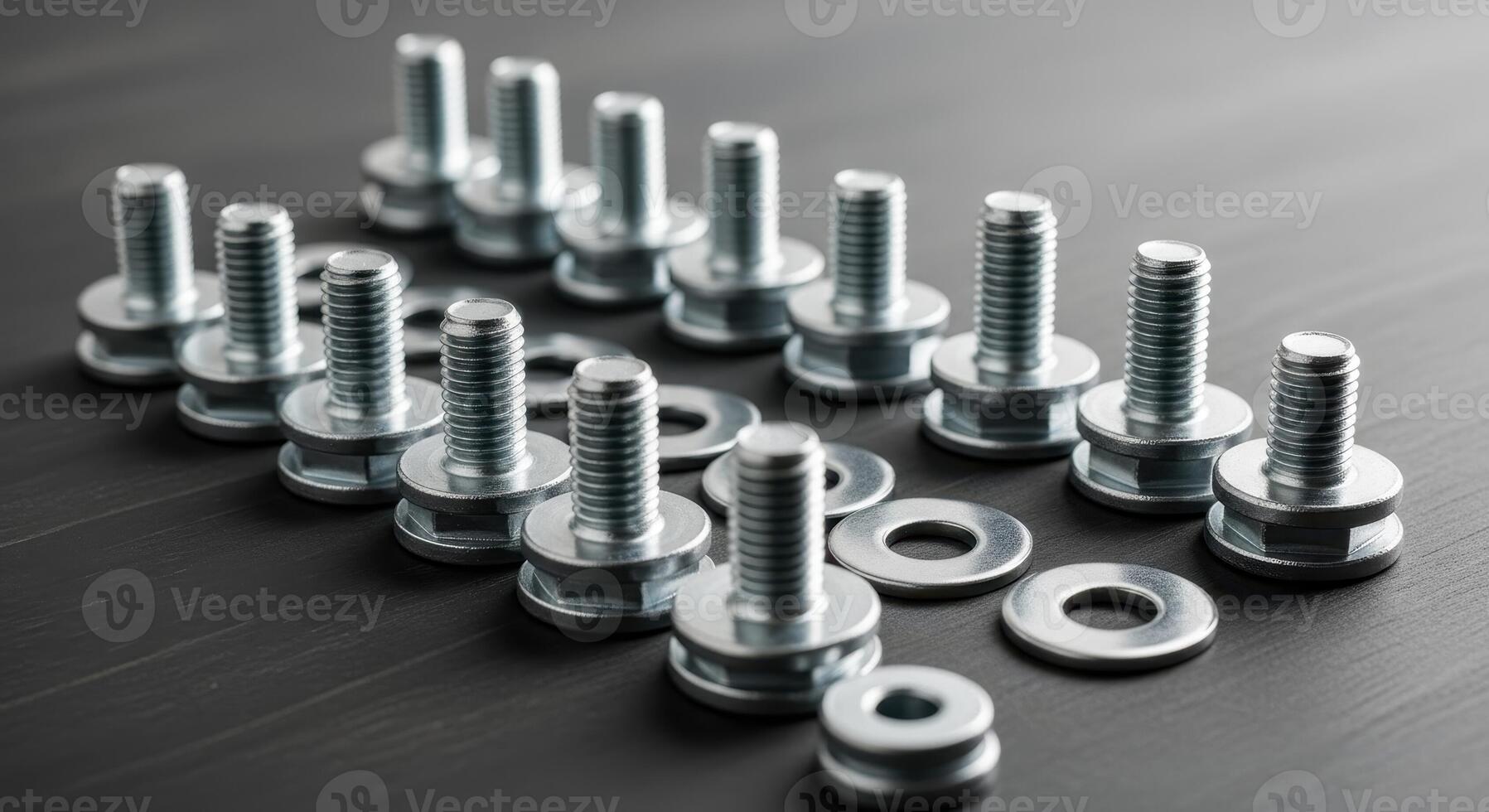 Shiny metal bolts and washers arranged on a dark surface for industrial use. photo