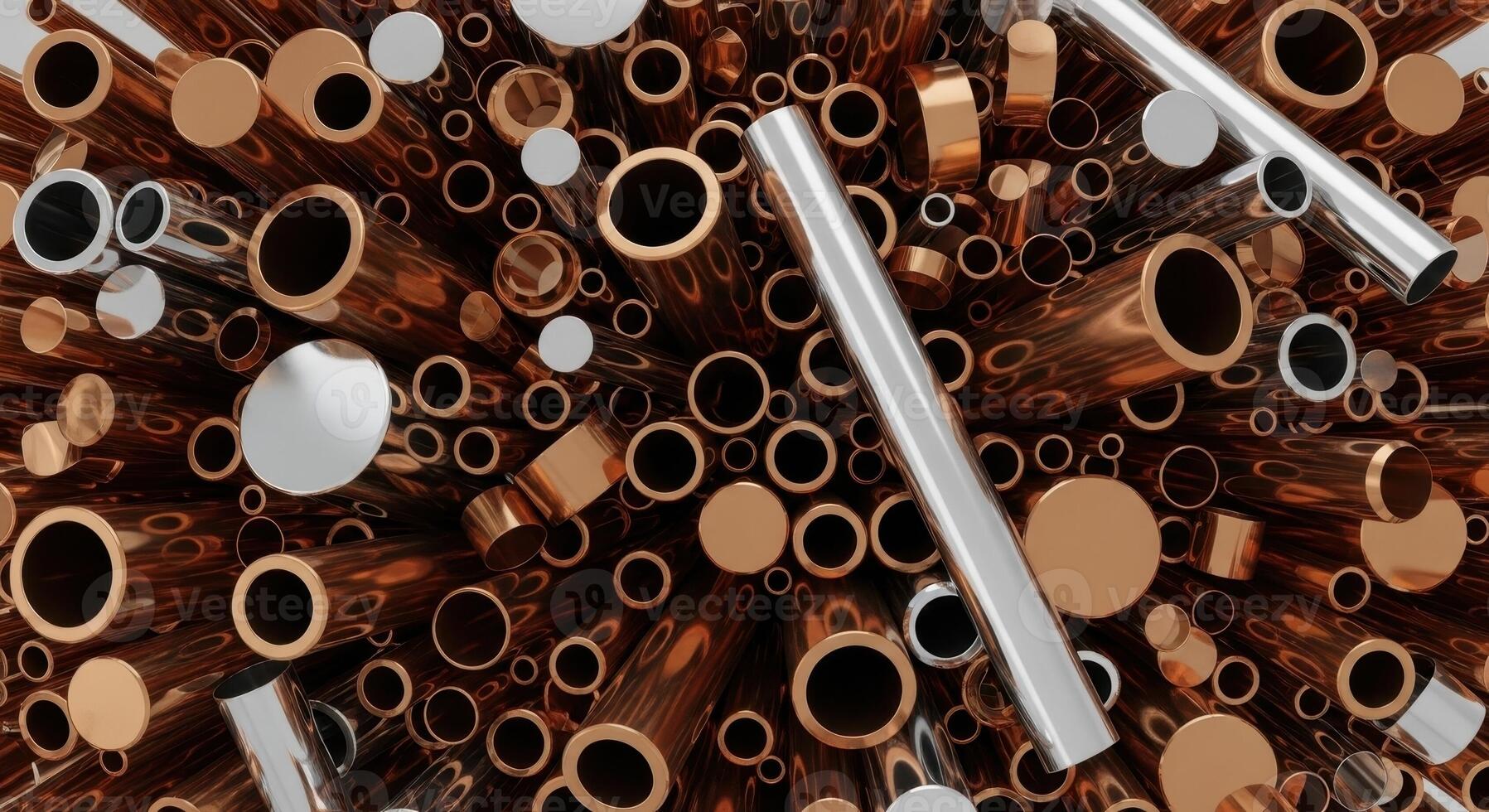 Abstract pattern of copper and silver metal pipes and tubes in a chaotic arrangement. photo