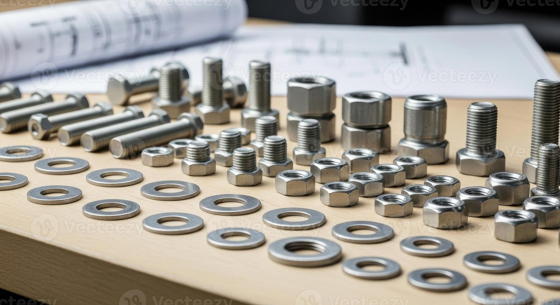 Collection of metal nuts, bolts, and washers for industrial and engineering use photo