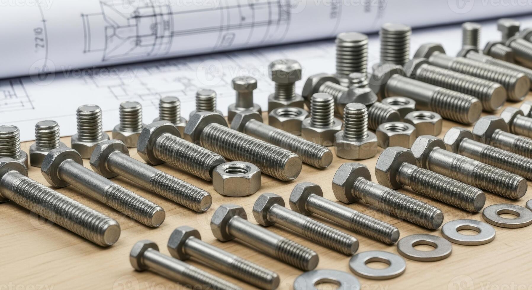 Metal bolts, nuts, and washers with engineering blueprints on a wooden surface photo