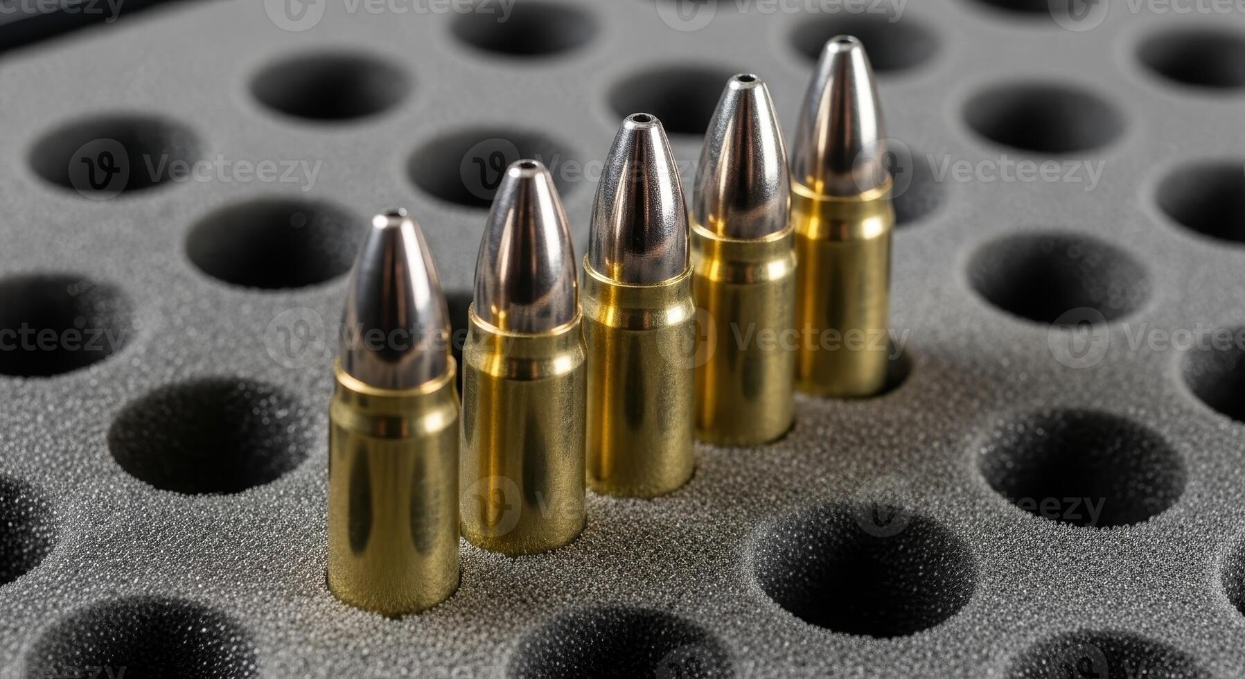 Close up of five brass and silver bullets standing upright in a grey foam ammunition tray photo
