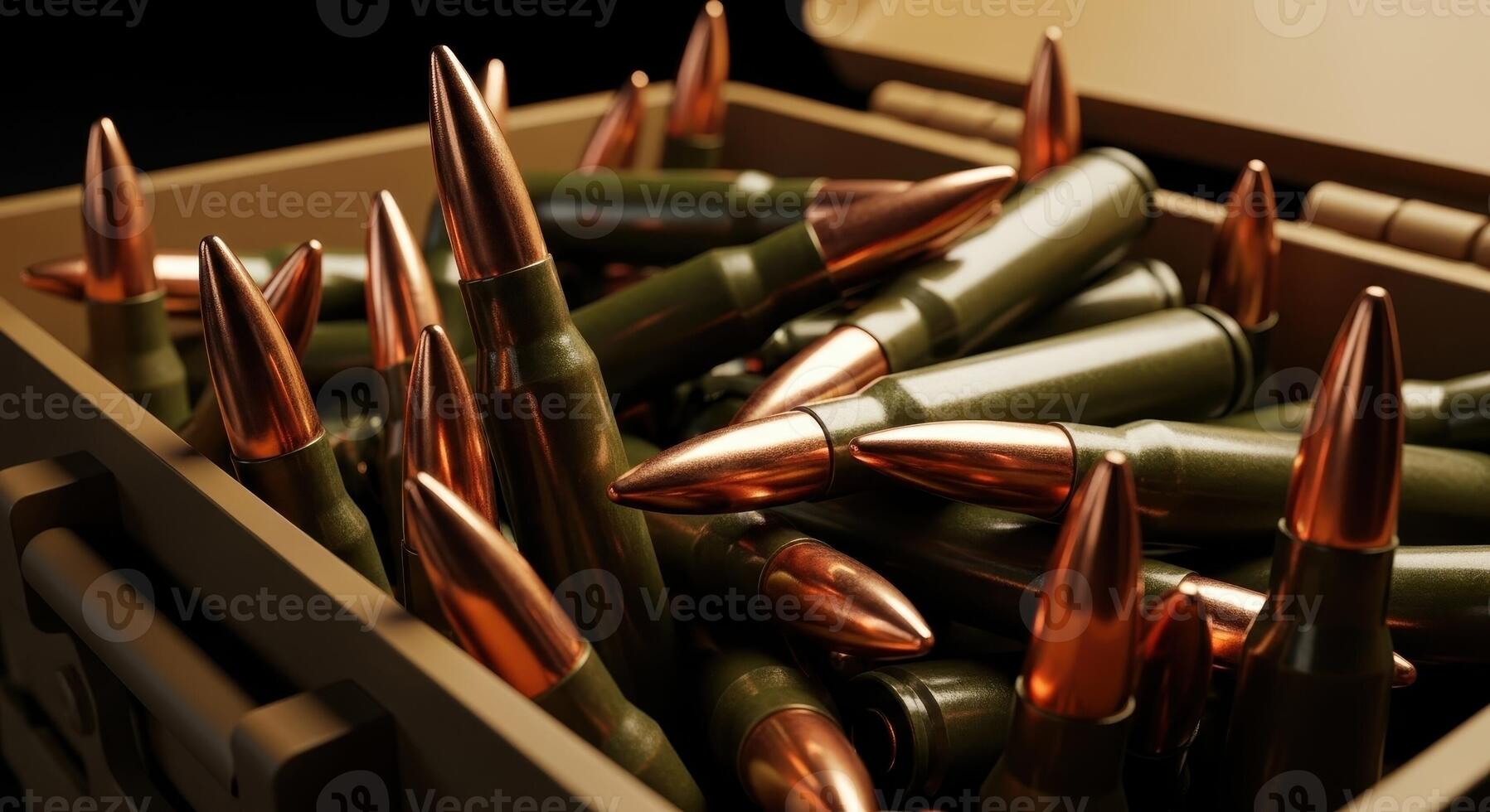 Close up of rifle ammunition cartridges with green casings and copper tips in an open box photo