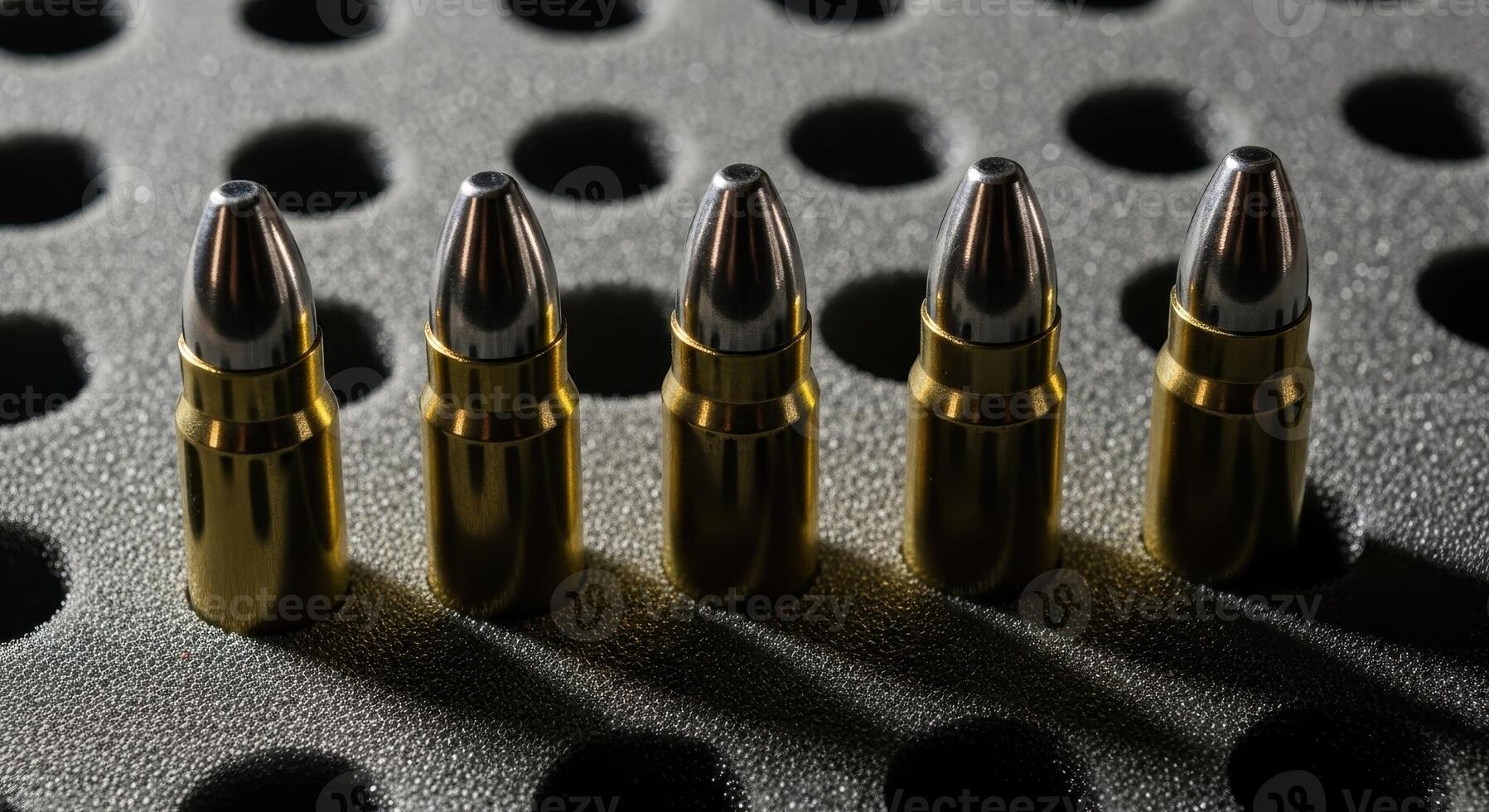 Shiny golden bullets for firearms standing upright in a protective case. photo