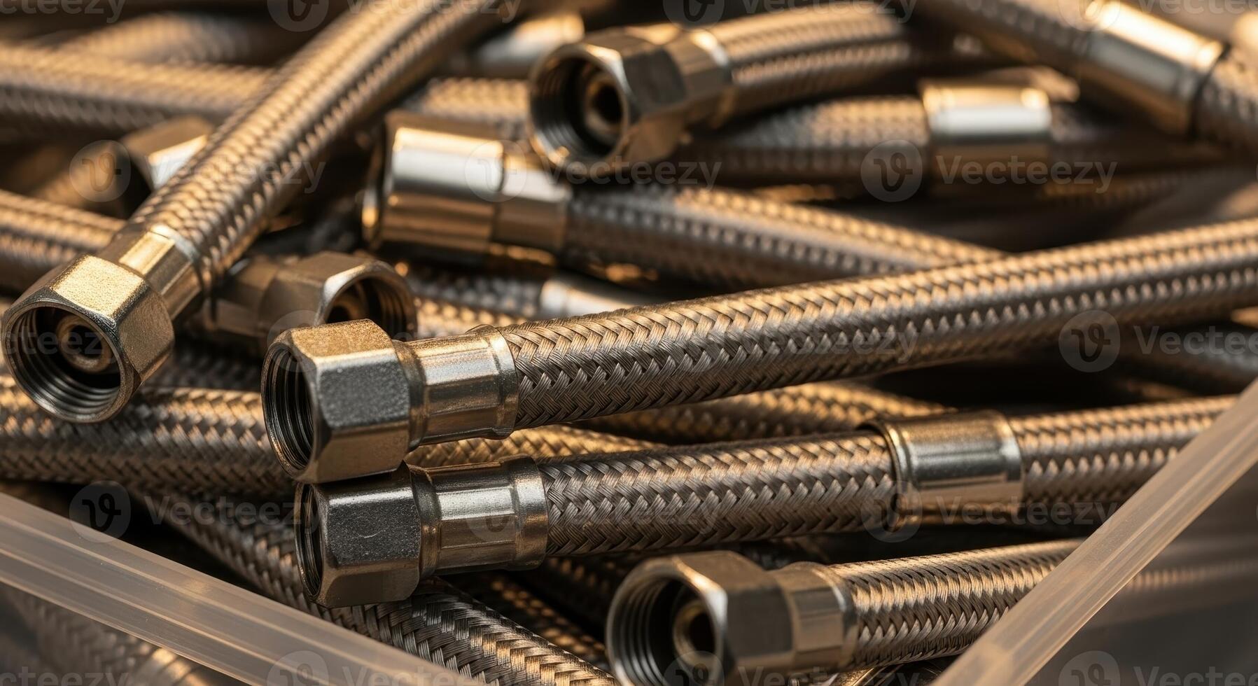 Close up of flexible braided stainless steel hoses with threaded connectors for plumbing. photo