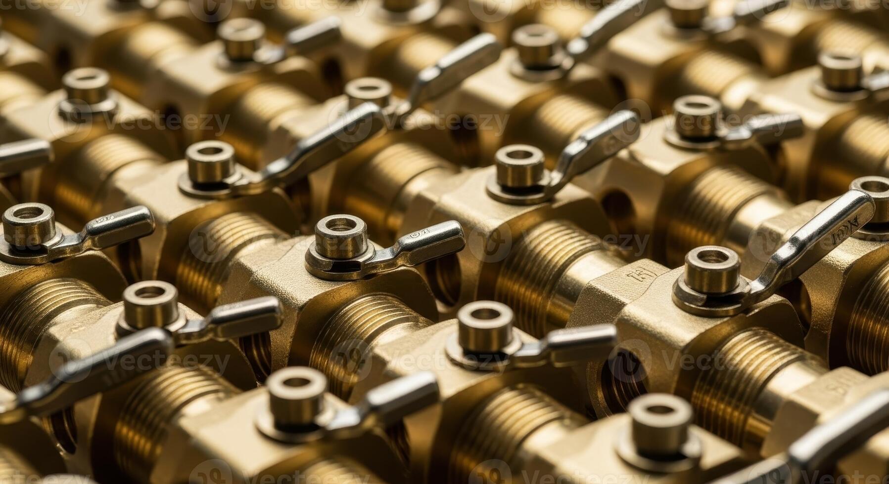 Numerous golden brass ball valves arranged in rows for industrial plumbing and fluid control. photo