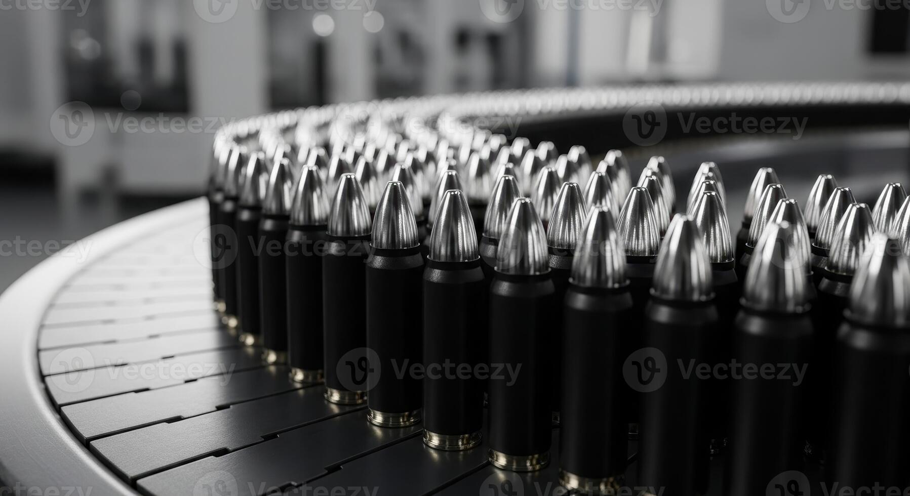 Close up of black and silver bullets arranged in a circular pattern for mass production photo