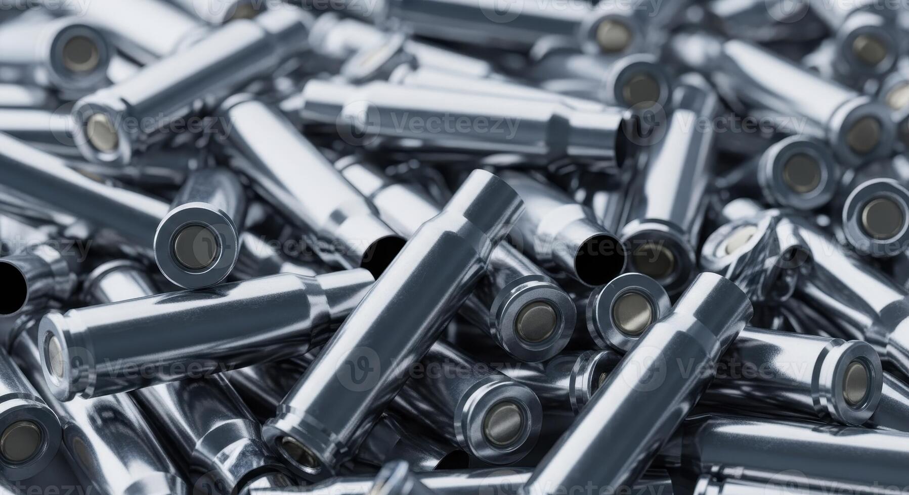 Pile of metallic spent bullet casings scattered in a heap, close up view photo