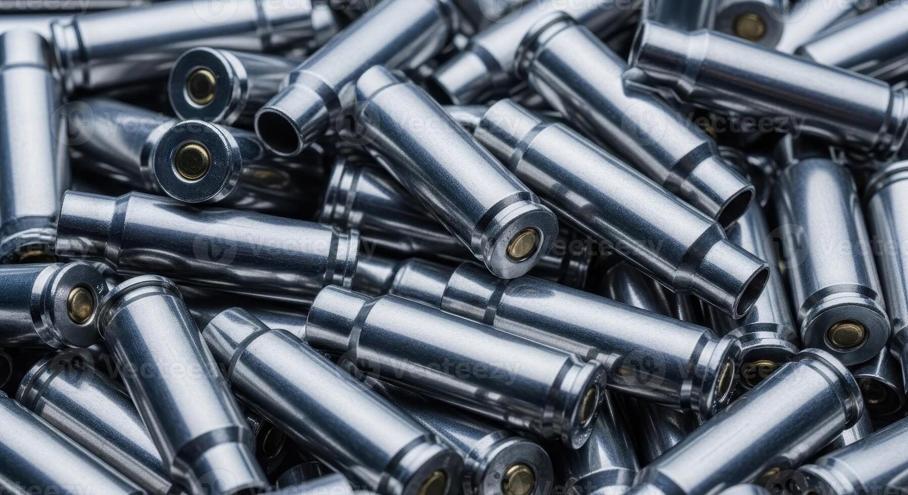 Pile of shiny metallic empty bullet casings for ammunition and firearm concepts photo